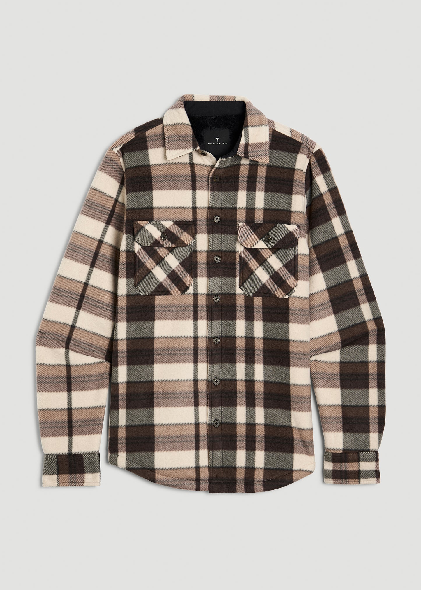 Sherpa-Lined Fleece Overshirt for Tall Men in Beige Tartan