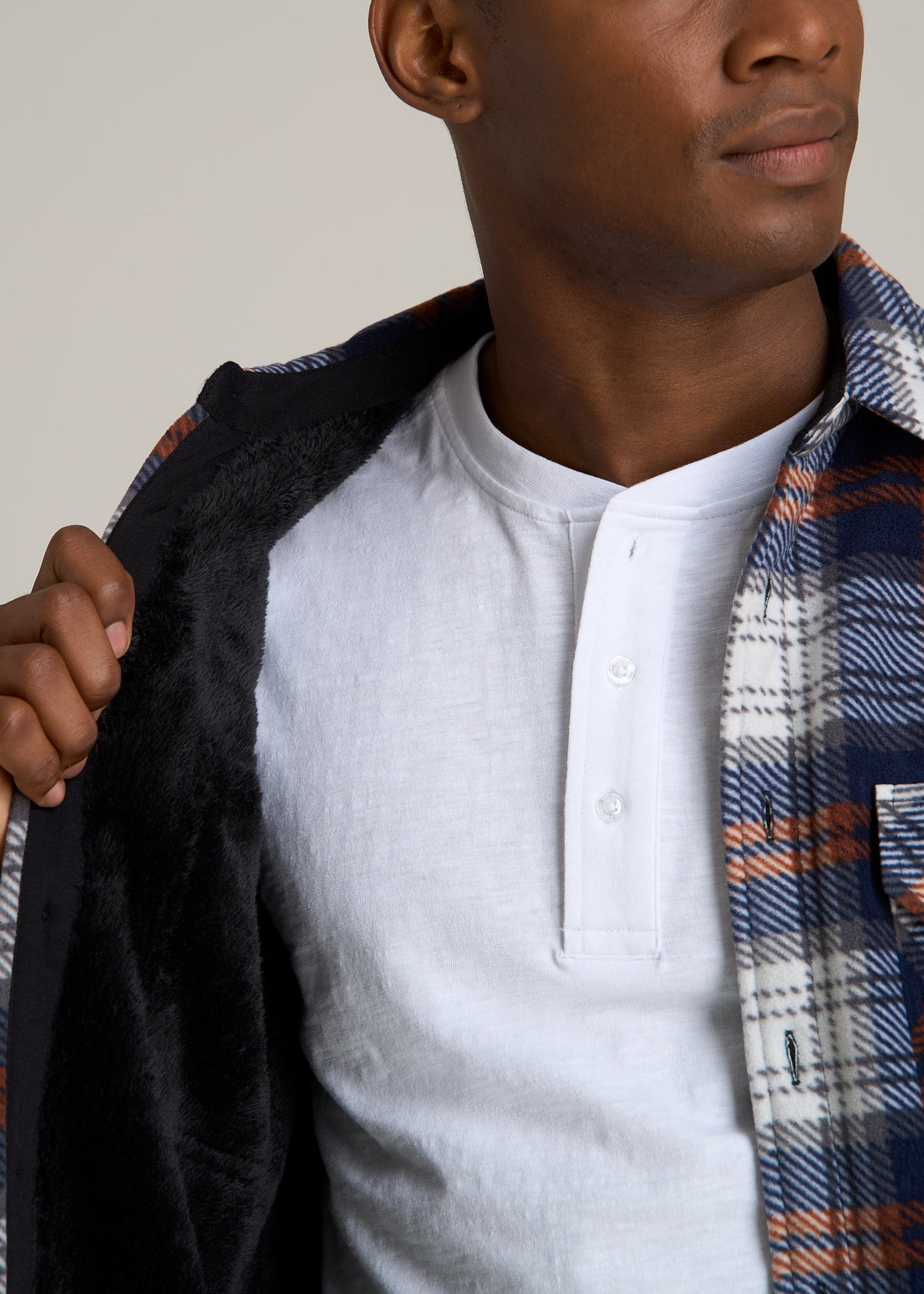 Sherpa-Lined Fleece Overshirt for Tall Men in Navy & Orange Plaid