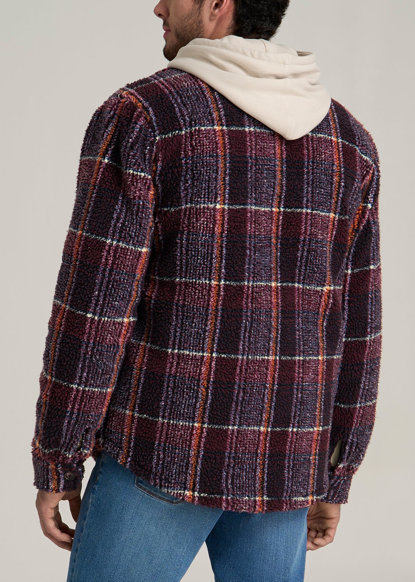 Tall Men's Sherpa Shirt Jacket in Burgundy and Navy Plaid