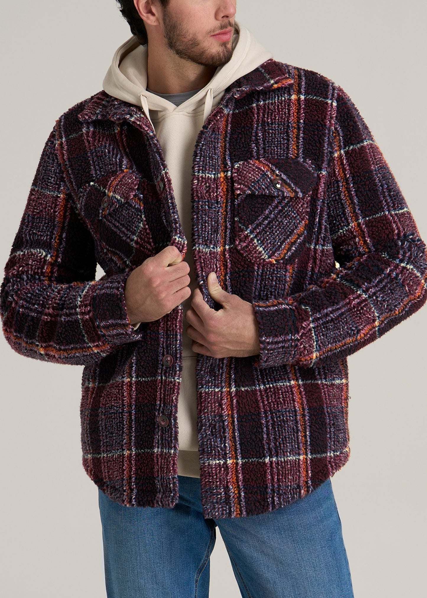 Tall Men's Sherpa Shirt Jacket in Burgundy and Navy Plaid