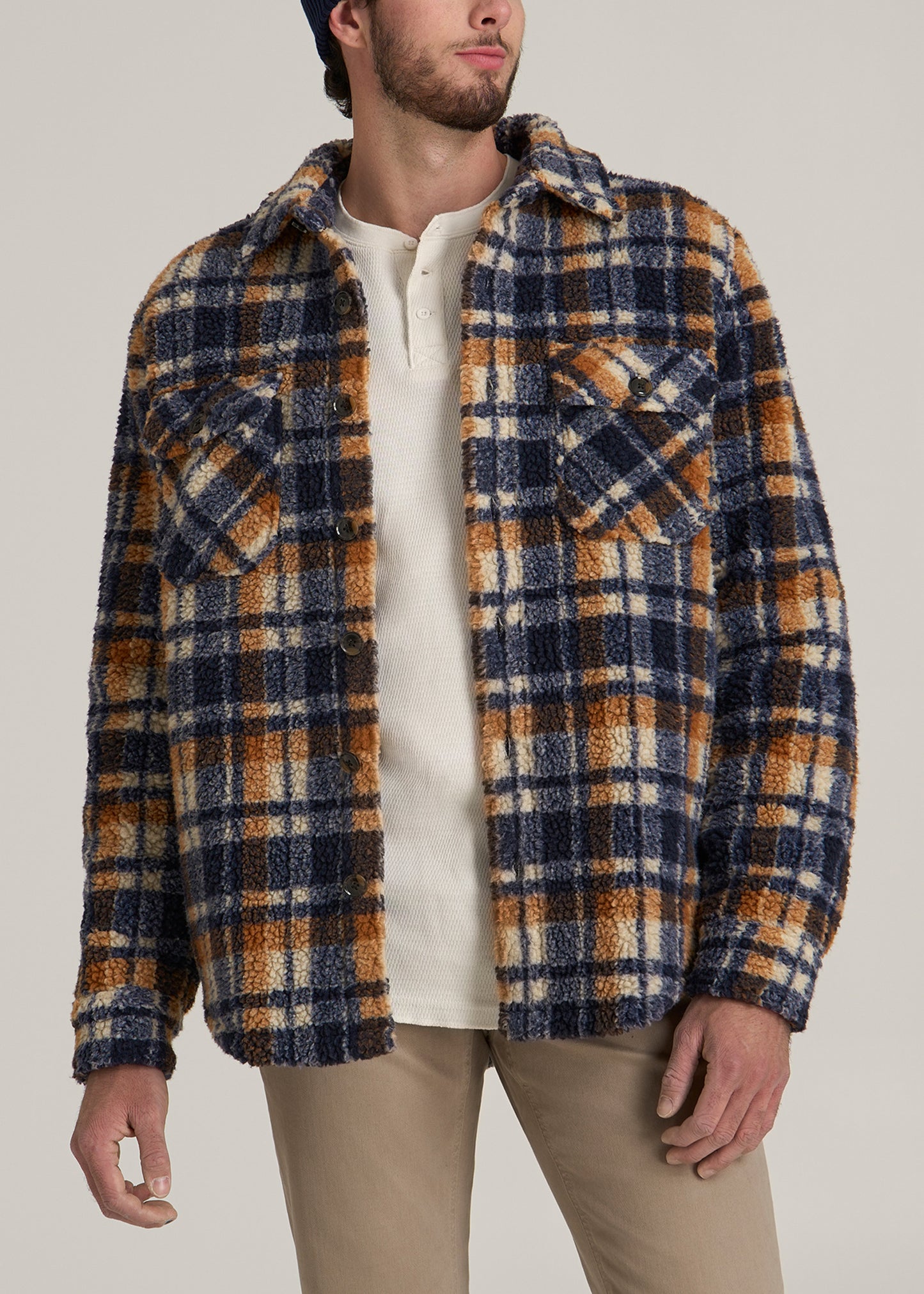 Tall Men's Sherpa Shirt Jacket in Dark Blue and Orange Plaid