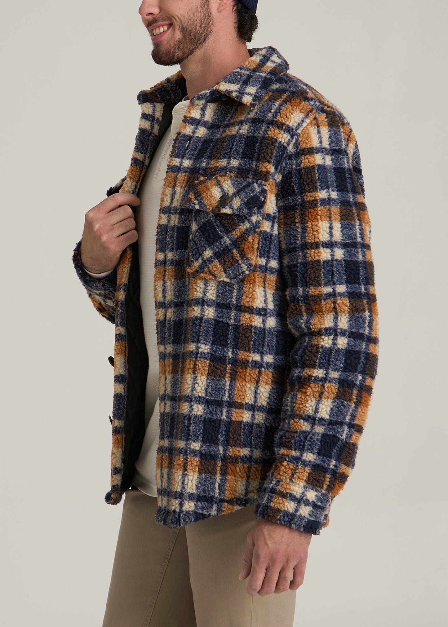 Tall Men's Sherpa Shirt Jacket in Dark Blue and Orange Plaid