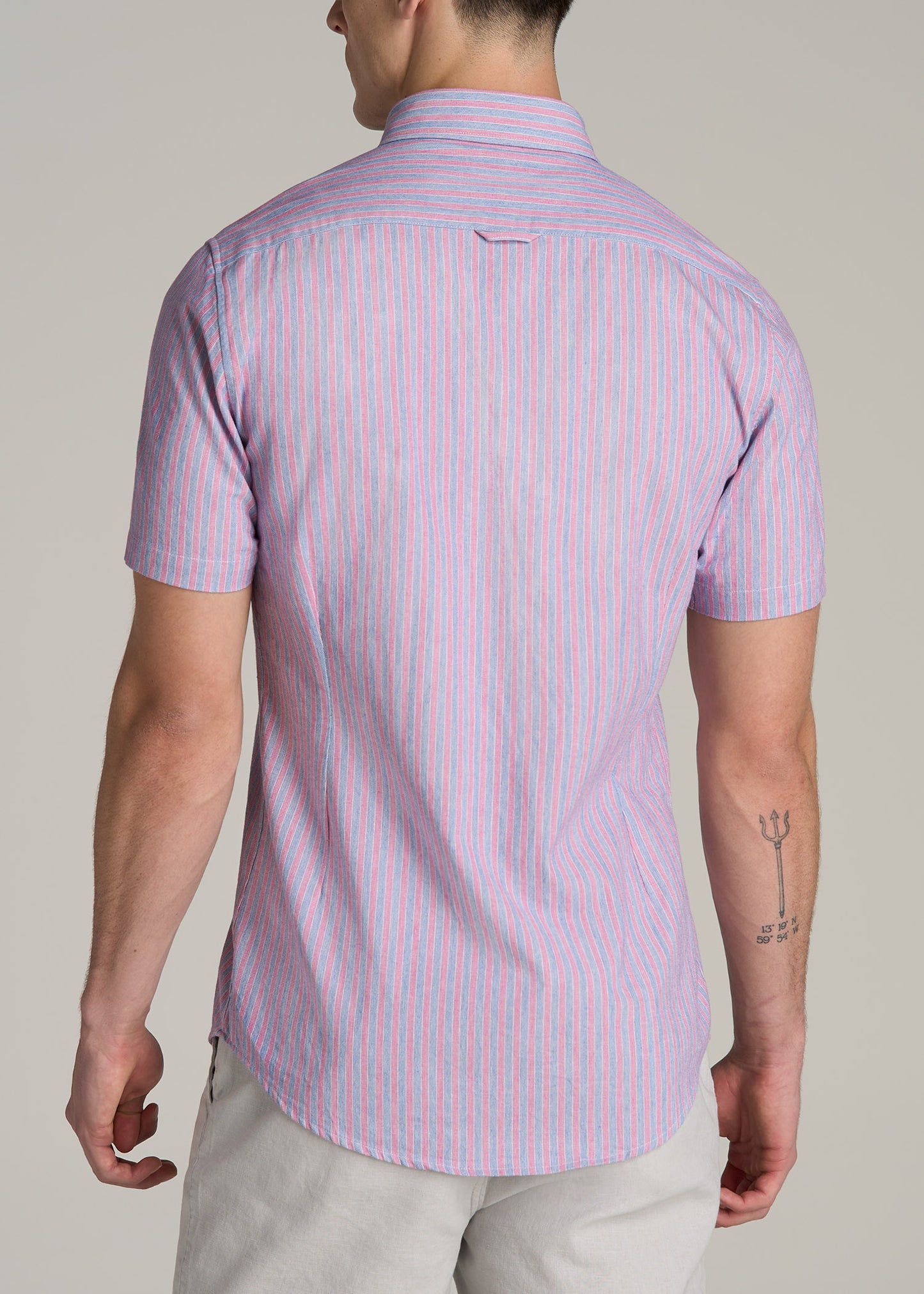 Short Sleeve Shirt for Tall Men in Blue and Rose Stripe