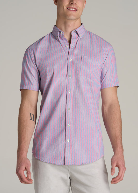 Short Sleeve Shirt for Tall Men in Blue and Rose Stripe