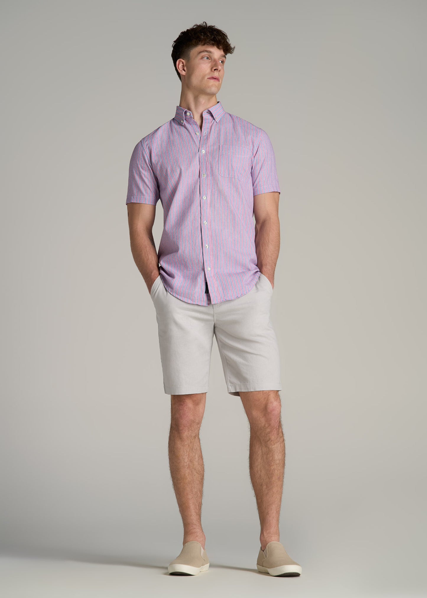 Short Sleeve Shirt for Tall Men in Blue and Rose Stripe