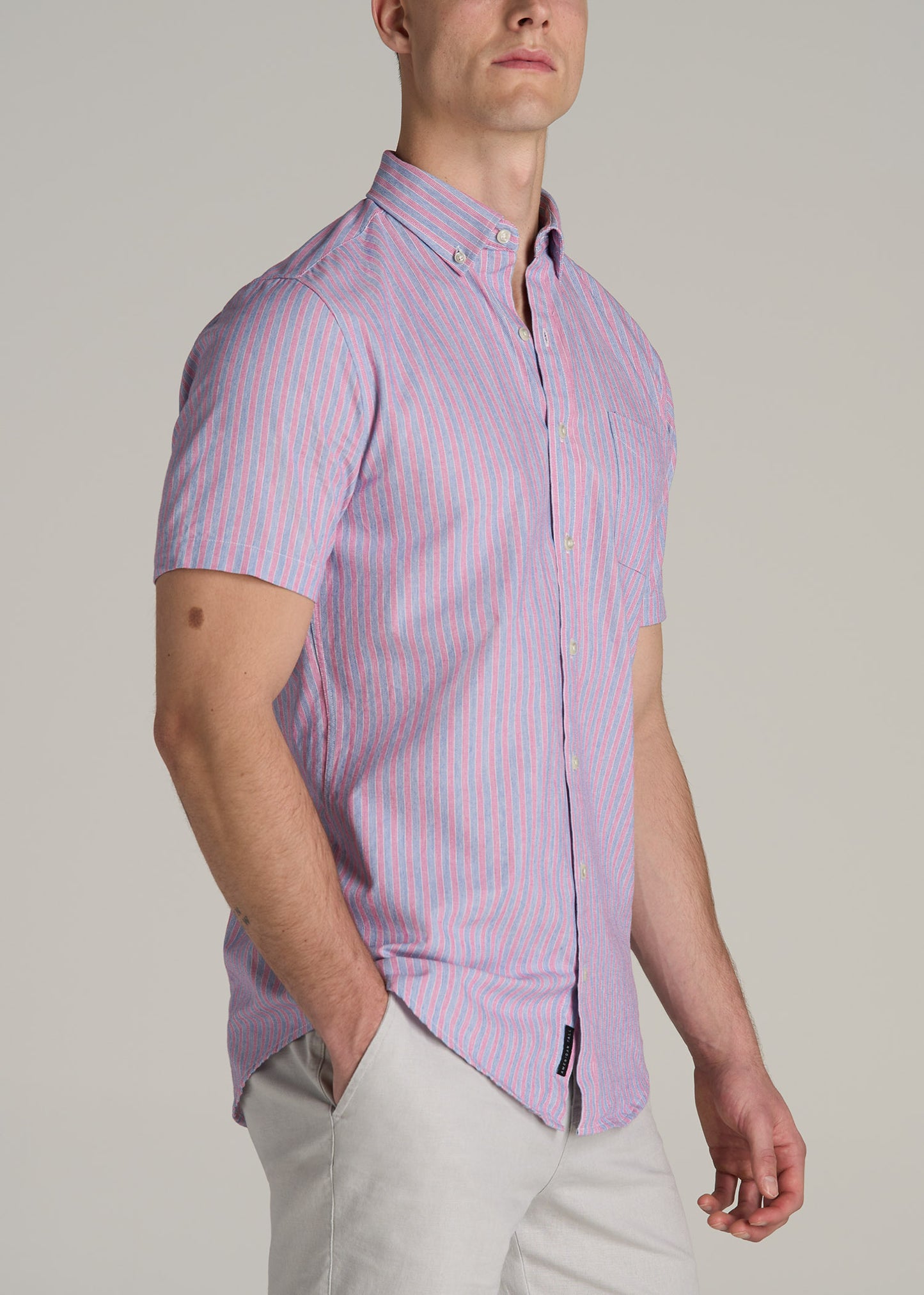 Short Sleeve Shirt for Tall Men in Blue and Rose Stripe