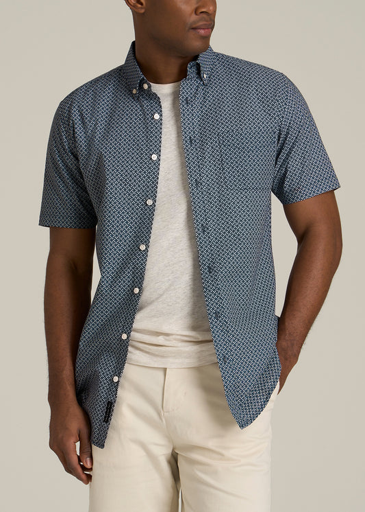 Short Sleeve Shirt for Tall Men in Grey and Blue Geometric