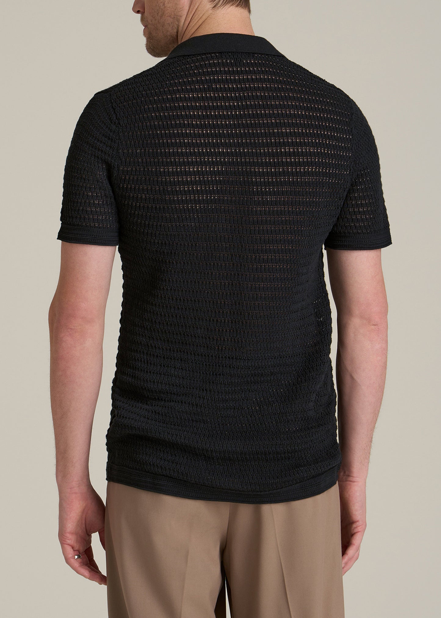 Short Sleeve Crochet Polo Cardigan for Tall Men in Black