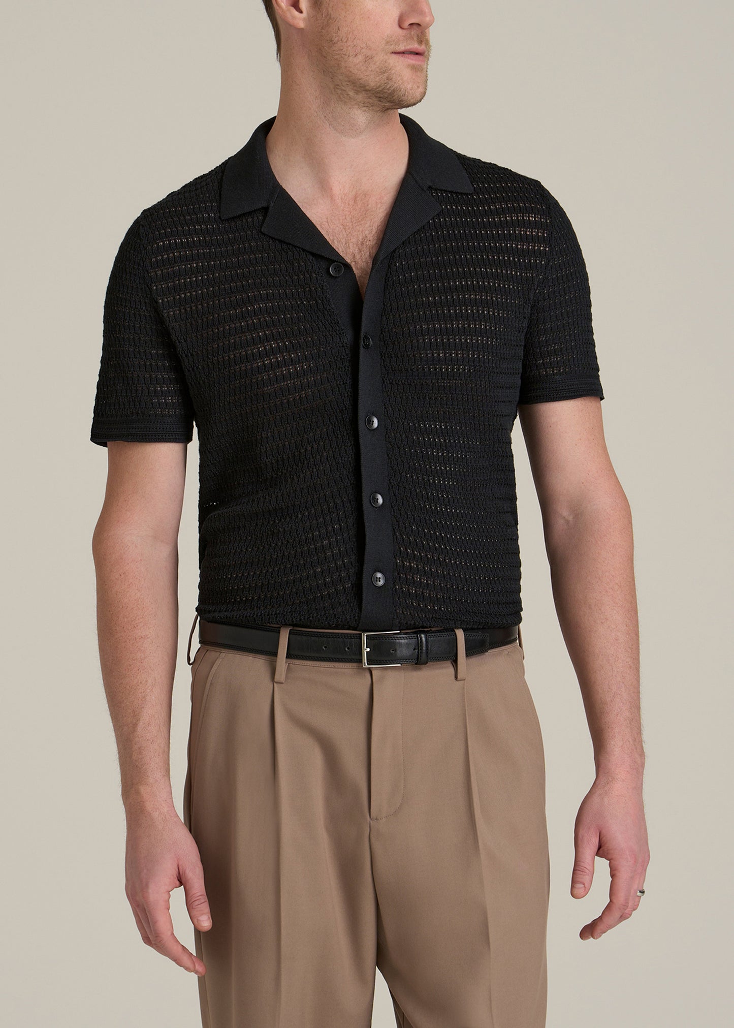 Short Sleeve Crochet Polo Cardigan for Tall Men in Black