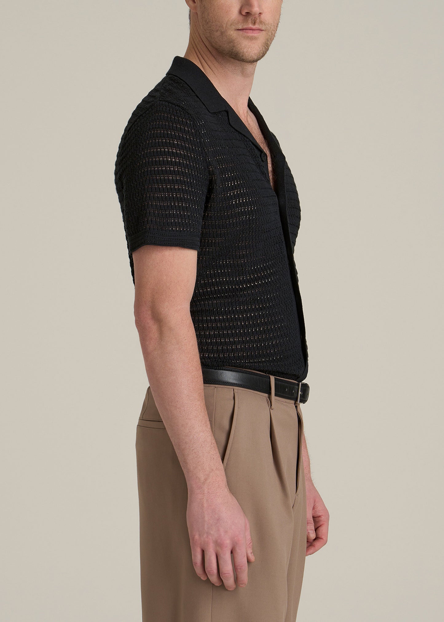 Short Sleeve Crochet Polo Cardigan for Tall Men in Black