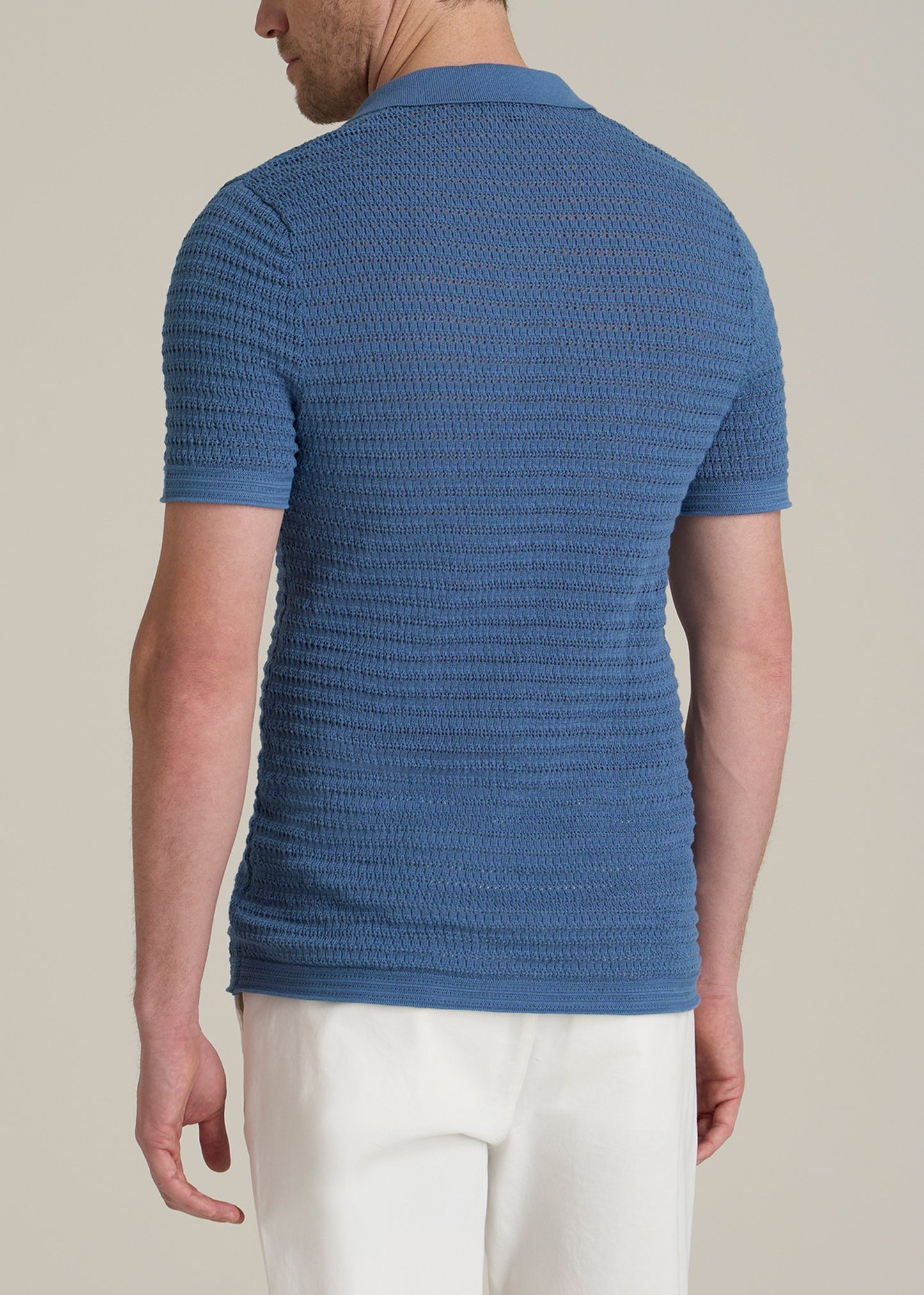 Short Sleeve Crochet Polo Cardigan for Tall Men in Deep Cobalt