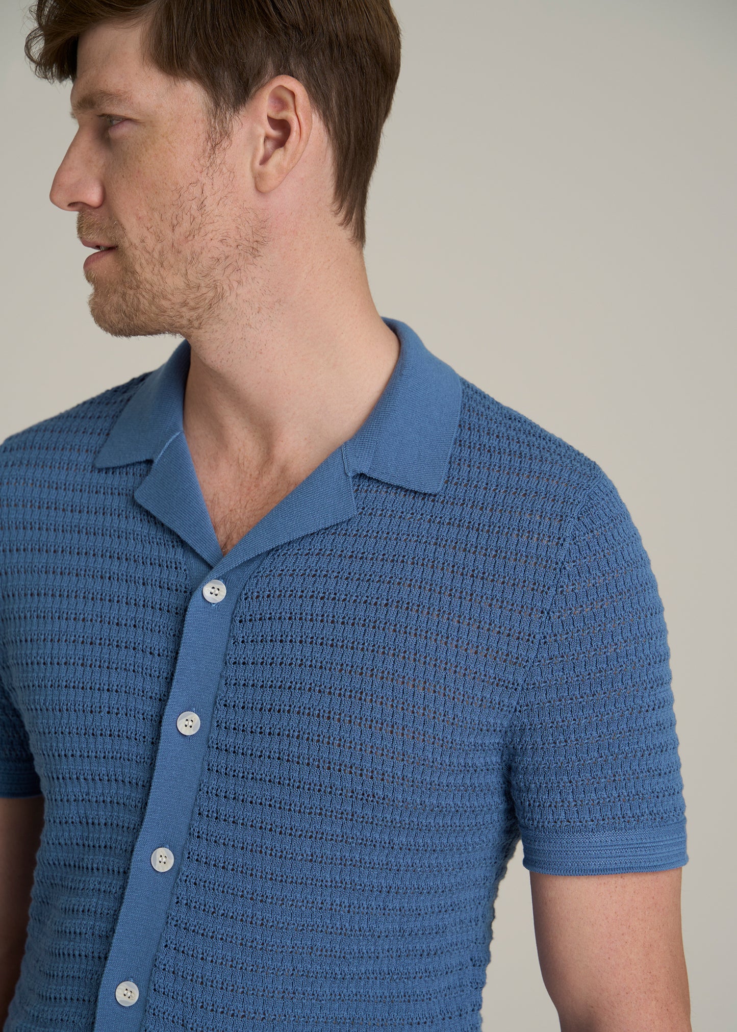 Short Sleeve Crochet Polo Cardigan for Tall Men in Deep Cobalt