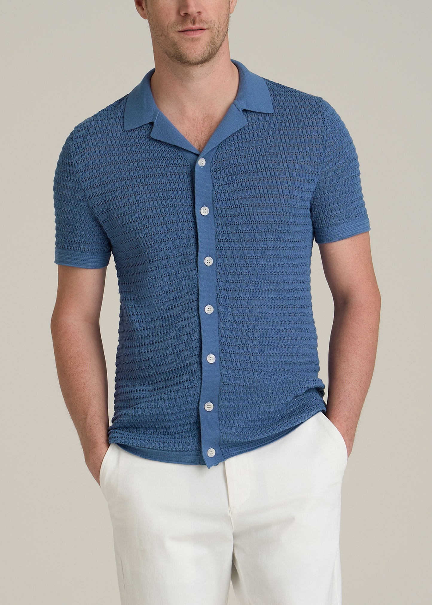 Short Sleeve Crochet Polo Cardigan for Tall Men in Deep Cobalt