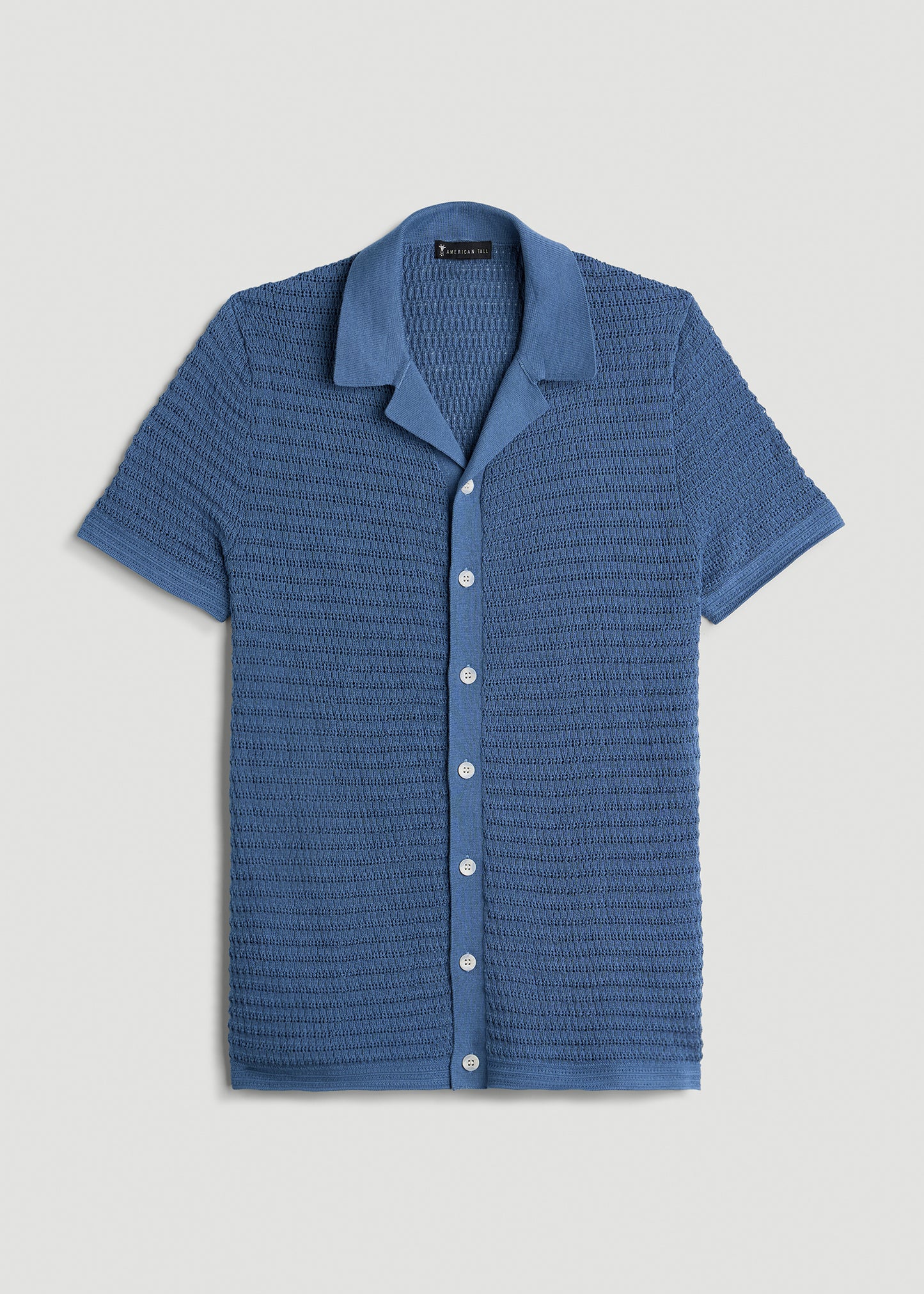 Short Sleeve Crochet Polo Cardigan for Tall Men in Deep Cobalt