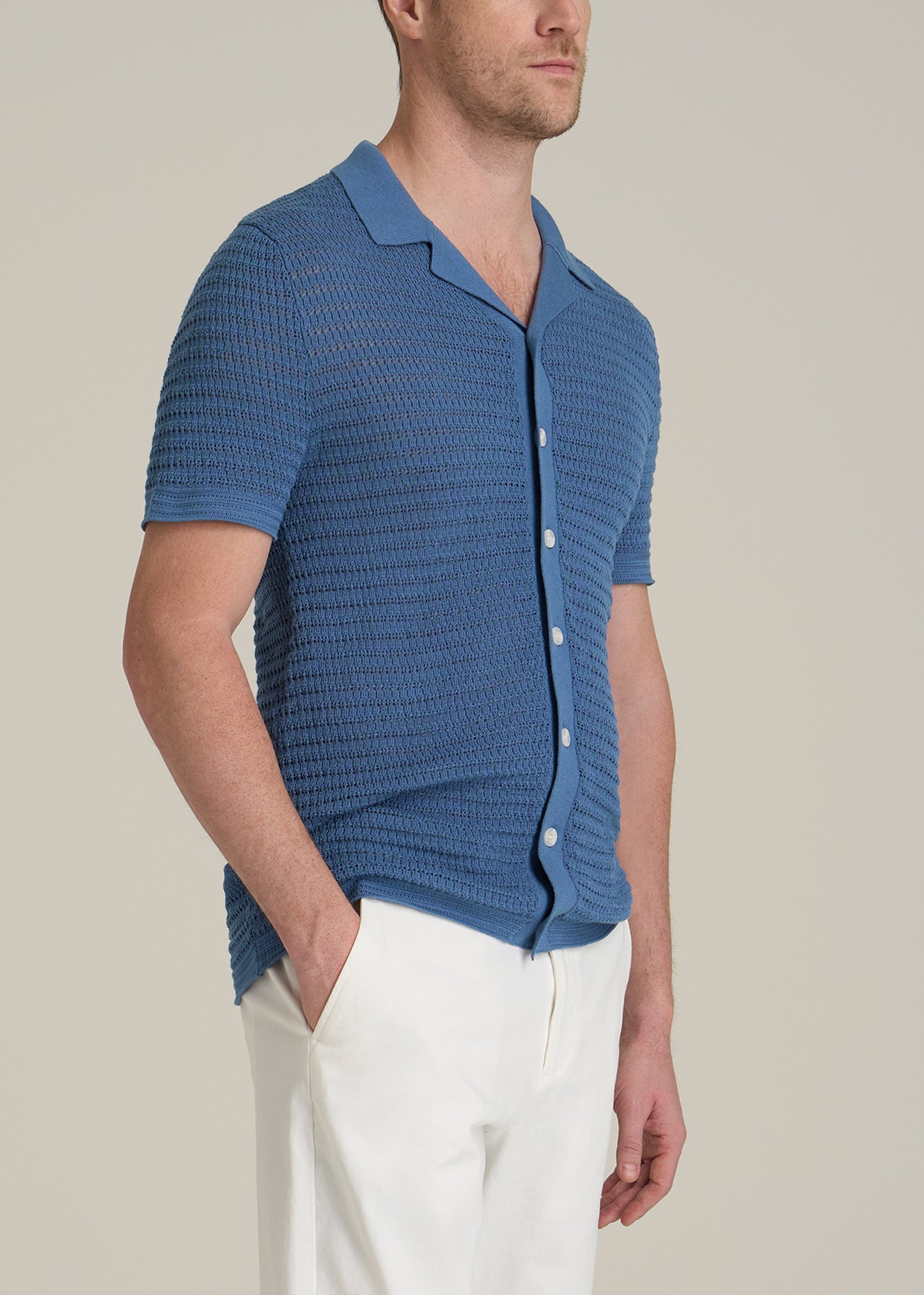 Short Sleeve Crochet Polo Cardigan for Tall Men in Deep Cobalt