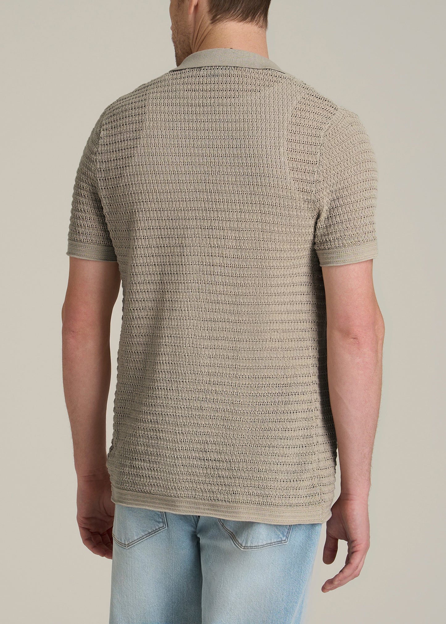 Short Sleeve Crochet Polo Cardigan for Tall Men in Light Khaki