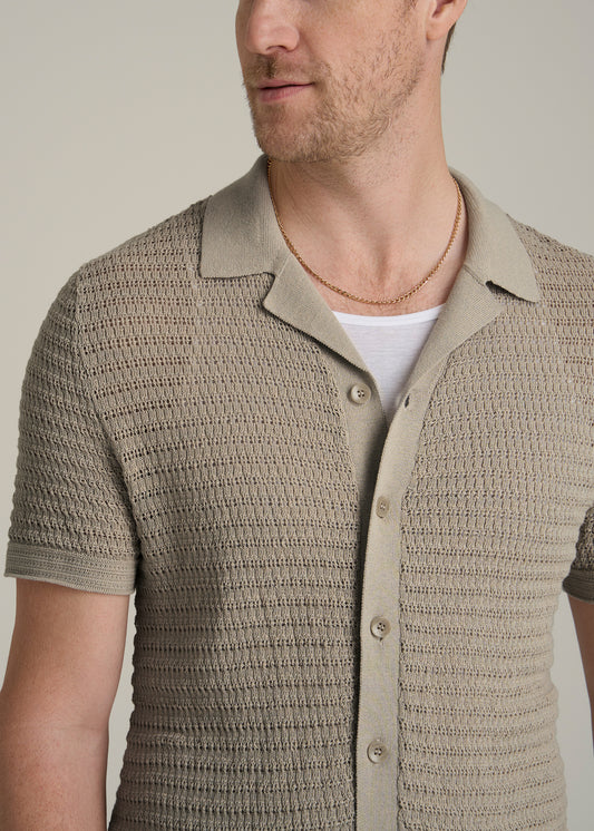 Short Sleeve Crochet Polo Cardigan for Tall Men in Light Khaki