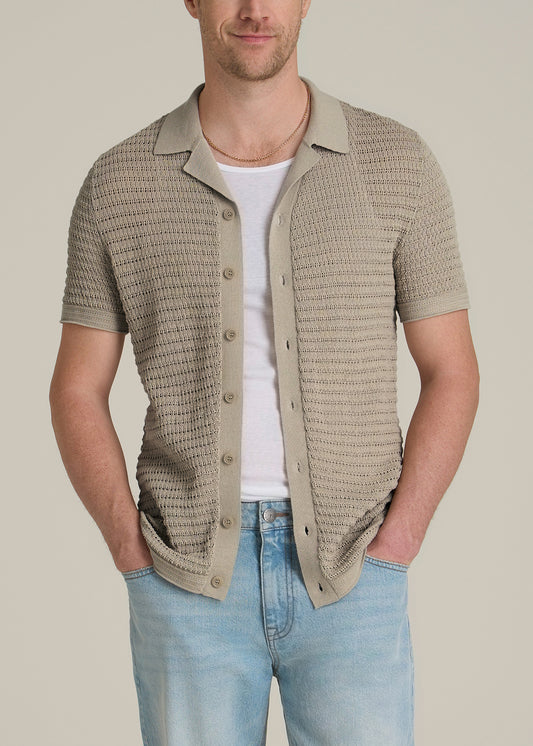 Short Sleeve Crochet Polo Cardigan for Tall Men in Light Khaki