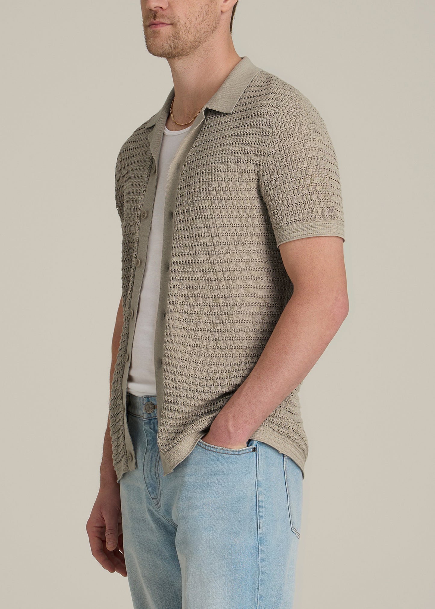 Short Sleeve Crochet Polo Cardigan for Tall Men in Light Khaki