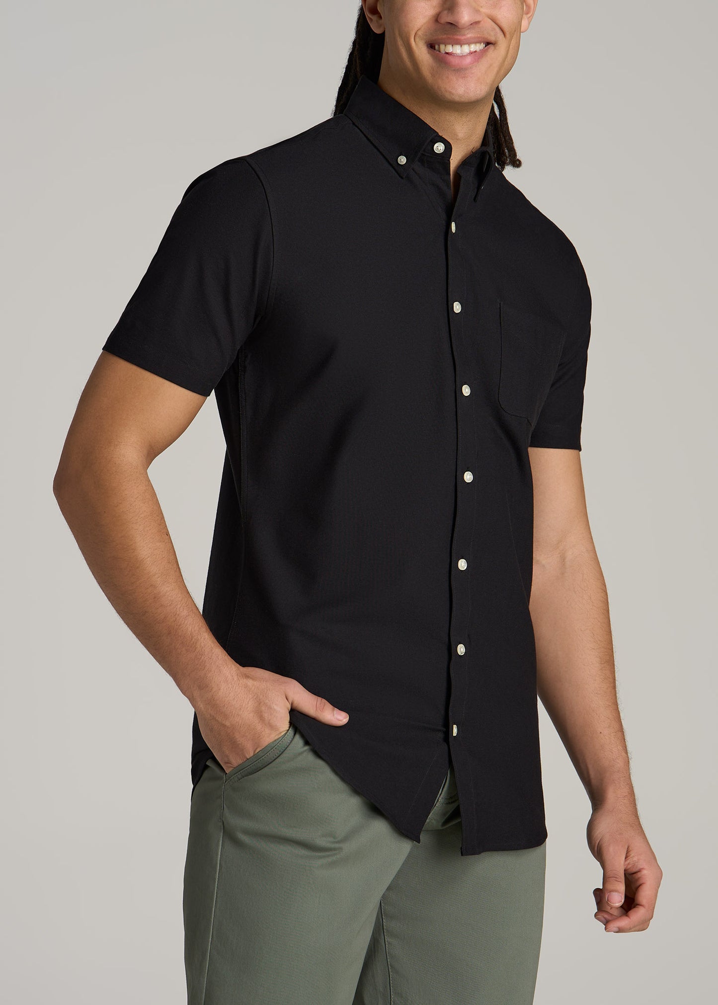 Short Sleeve Oxford Button Shirt For Tall Men in Black