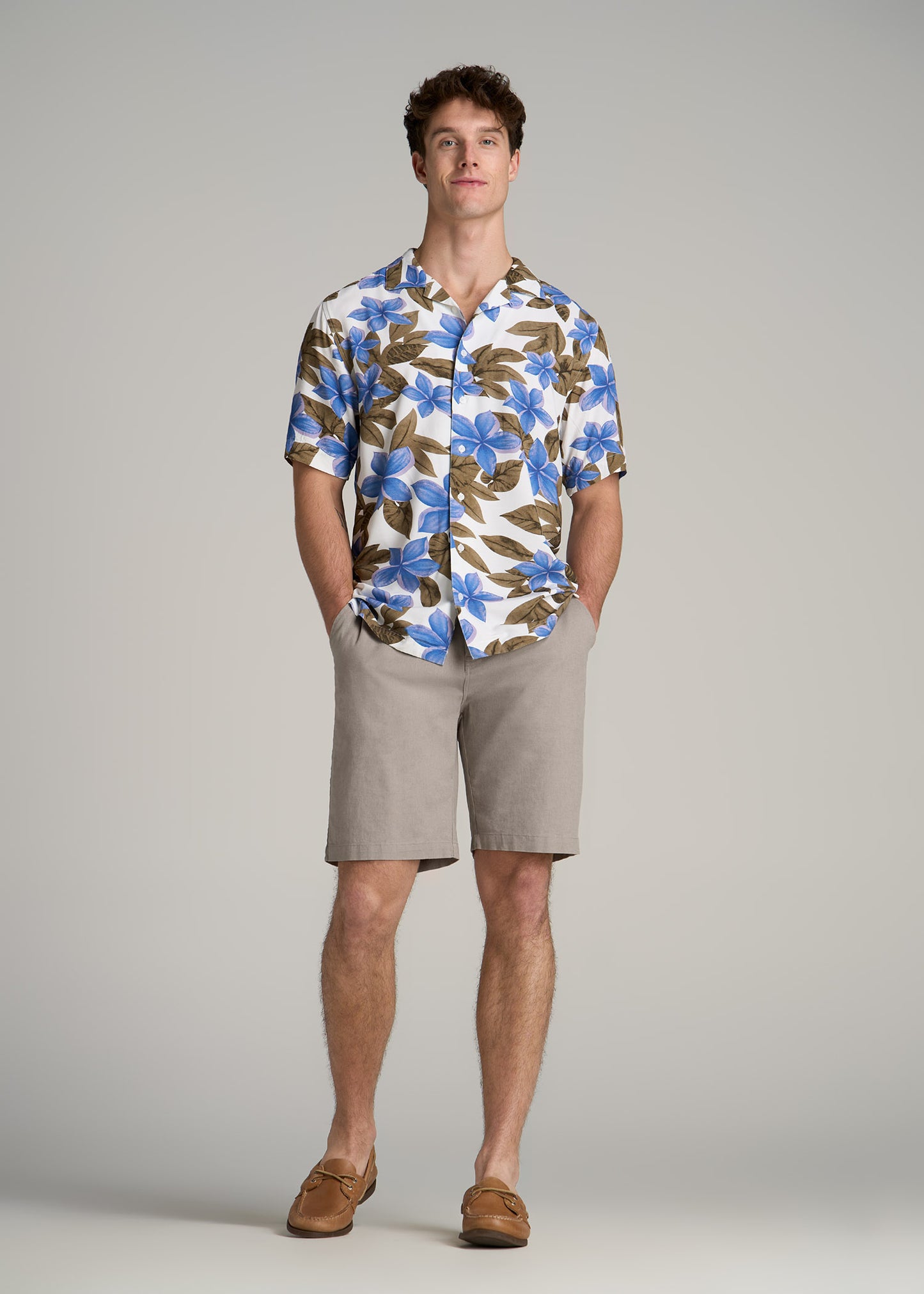 Short Sleeve Resort Shirt for Tall Men in Blue Tropical Print