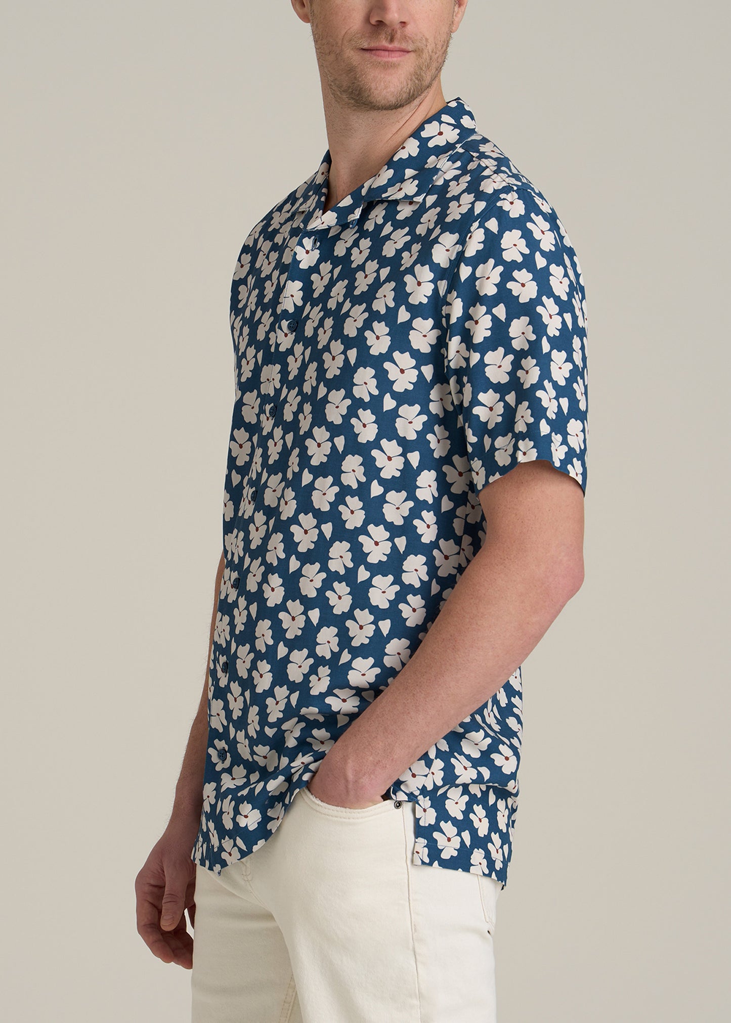 Short Sleeve Resort Shirt for Tall Men in Bright Blue Floral