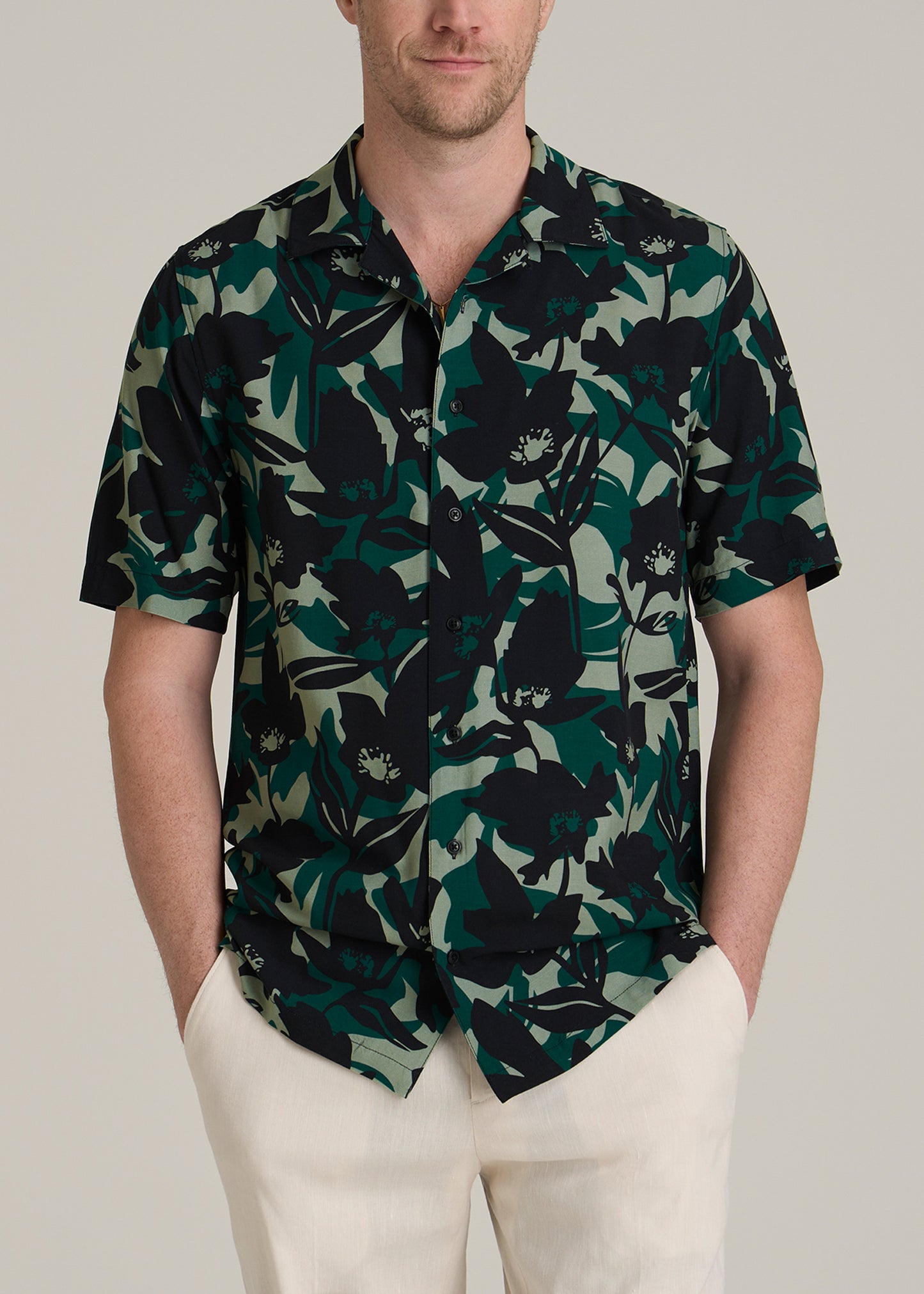 Short Sleeve Resort Shirt for Tall Men in Green and Black Floral