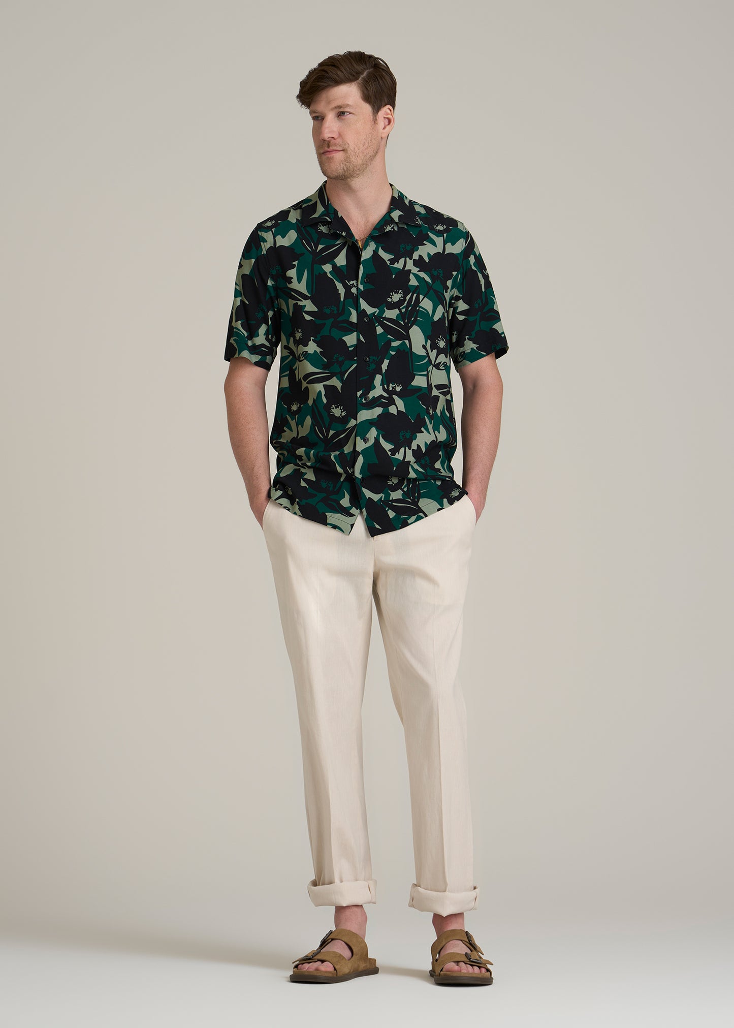 Short Sleeve Resort Shirt for Tall Men in Green and Black Floral