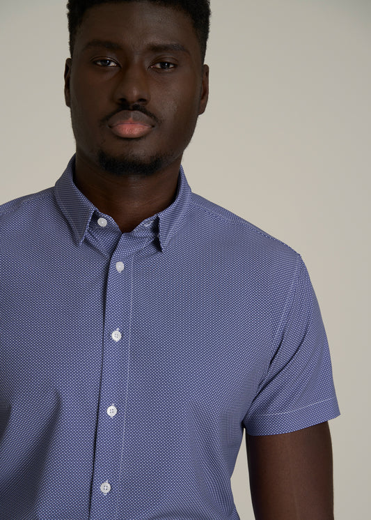 Short Sleeve Traveler Stretch Button Shirt for Tall Men in Royal Blue Geometric