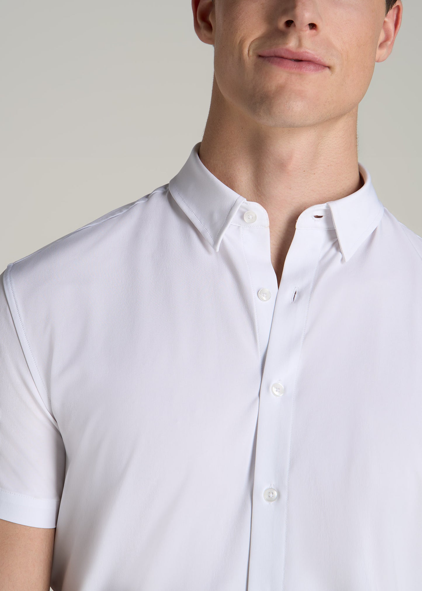 Short Sleeve Traveler Stretch Button Shirt for Tall Men in Bright White