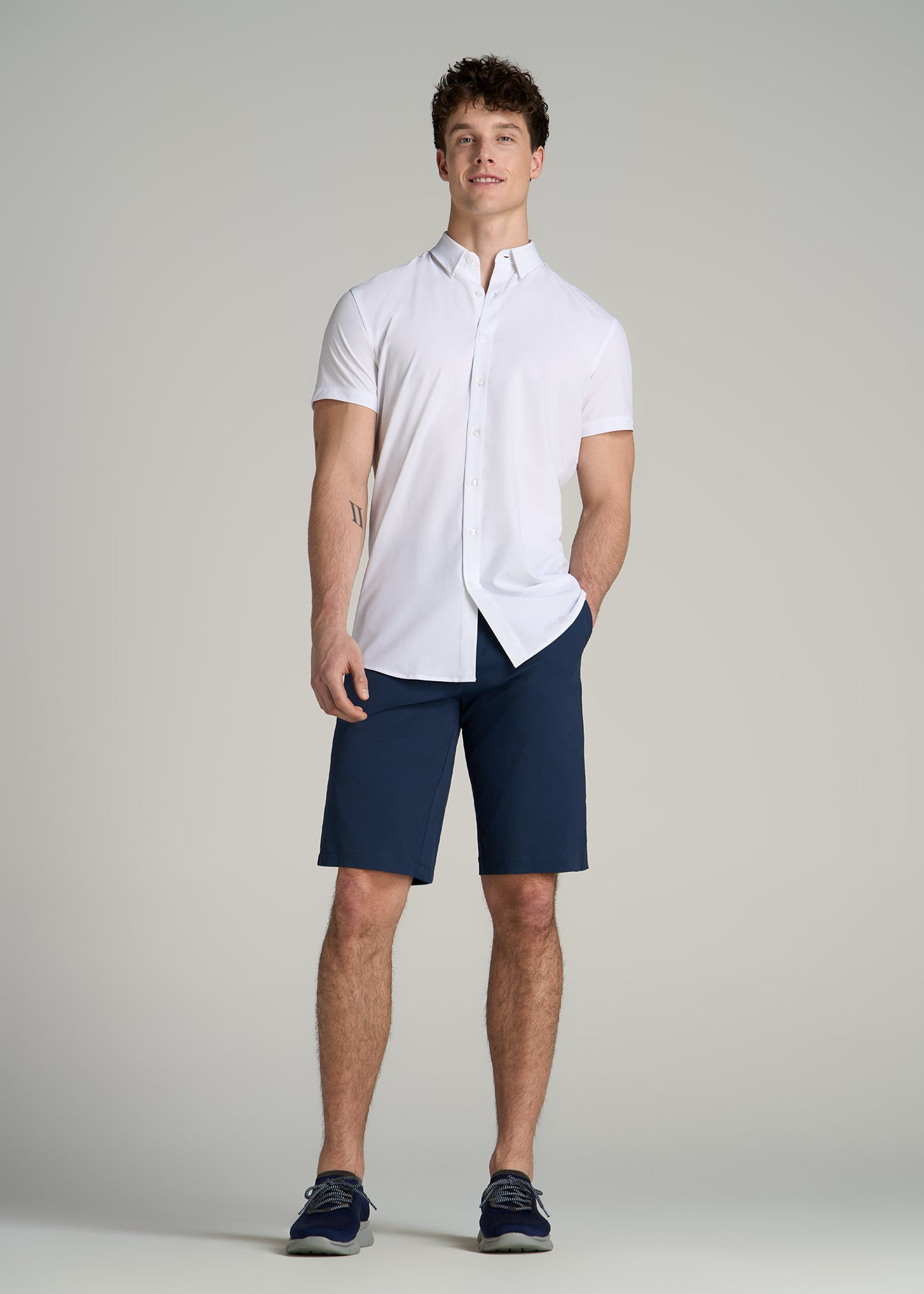 Short Sleeve Traveler Stretch Button Shirt for Tall Men in Bright White