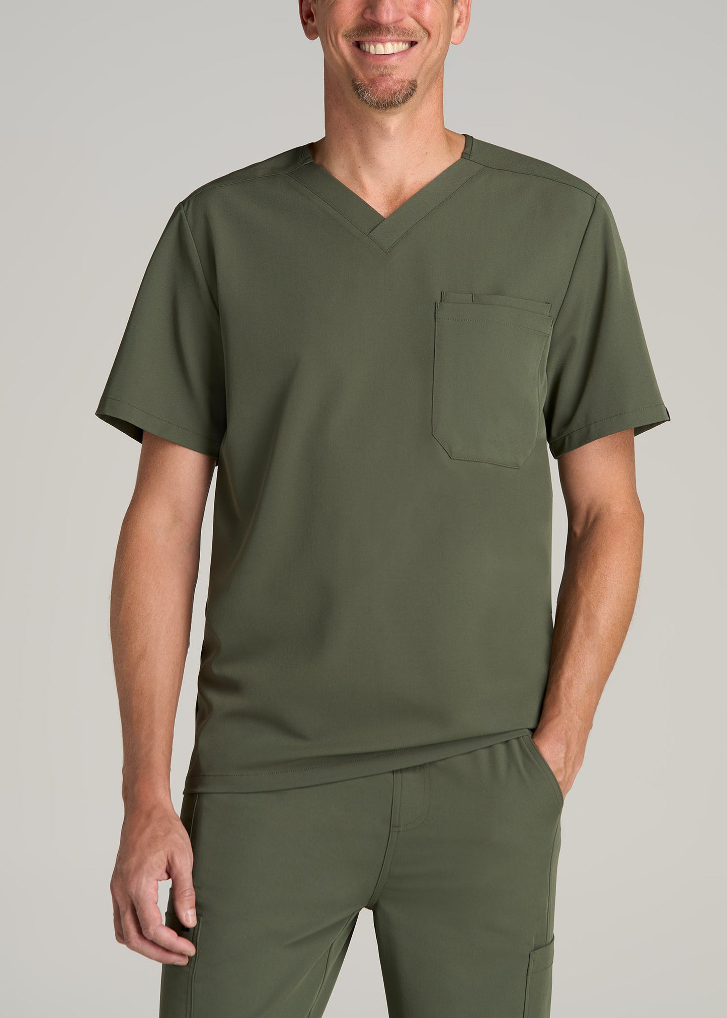 Short-Sleeve V-Neck Scrub Top for Tall Men in Clover Green