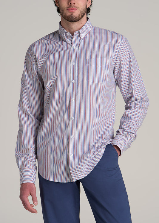 Soft-Wash Button-Up Shirt for Tall Men in Red and Blue Multi Stripe