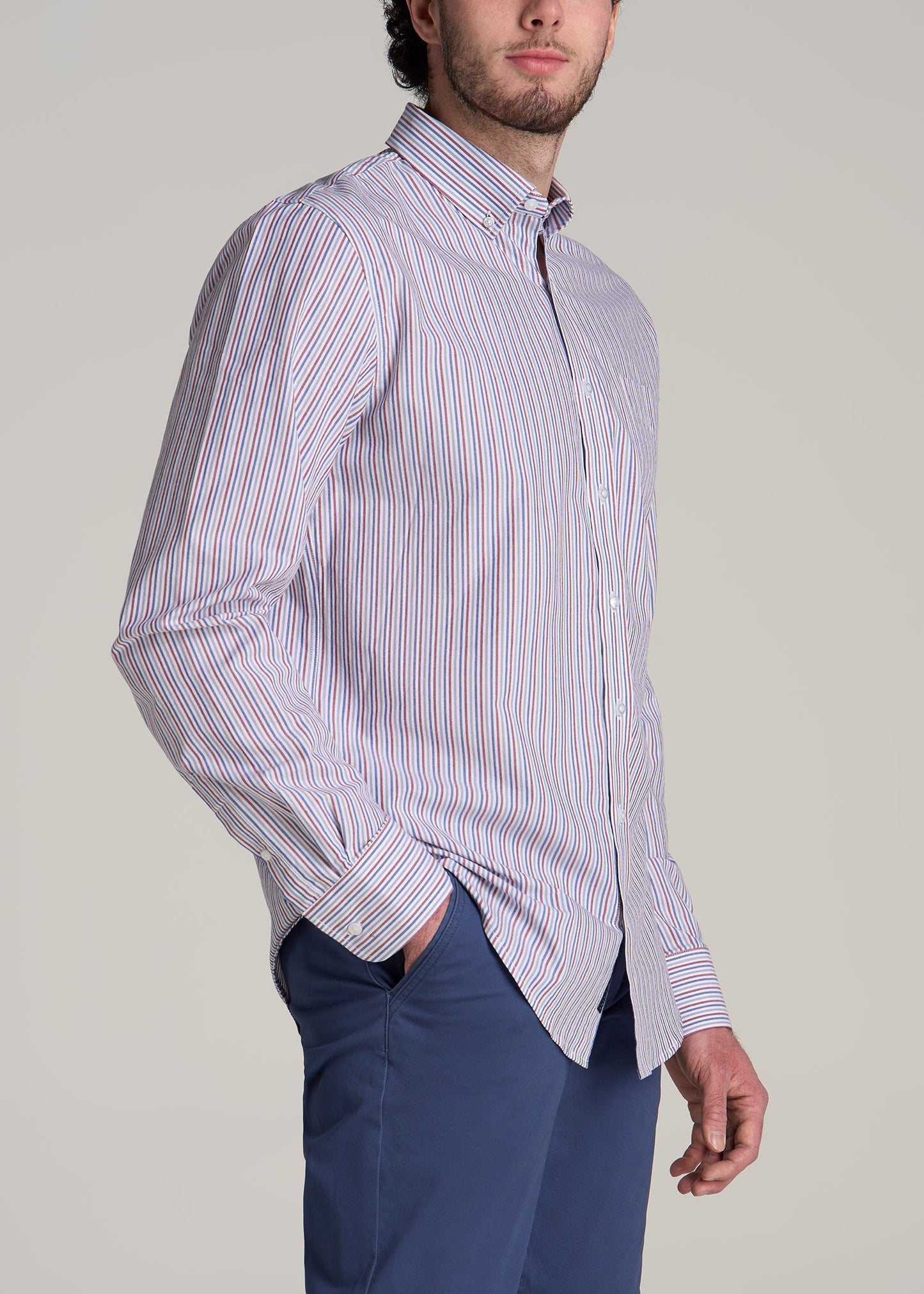 Soft-Wash Button-Up Shirt for Tall Men in Red and Blue Multi Stripe