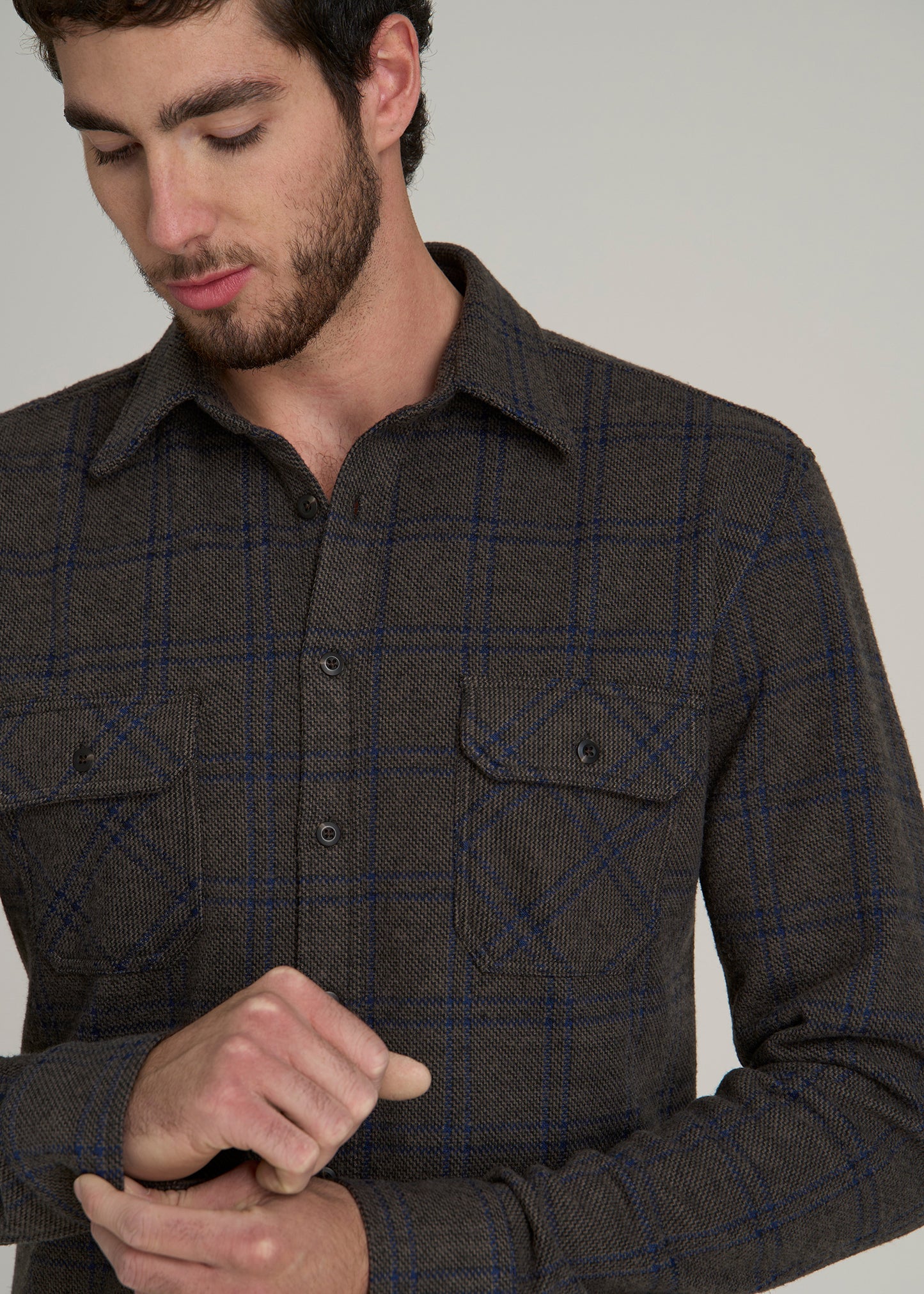 Stretch Flannel Button Tall Men's Shirt in Brown and Cobalt Grid