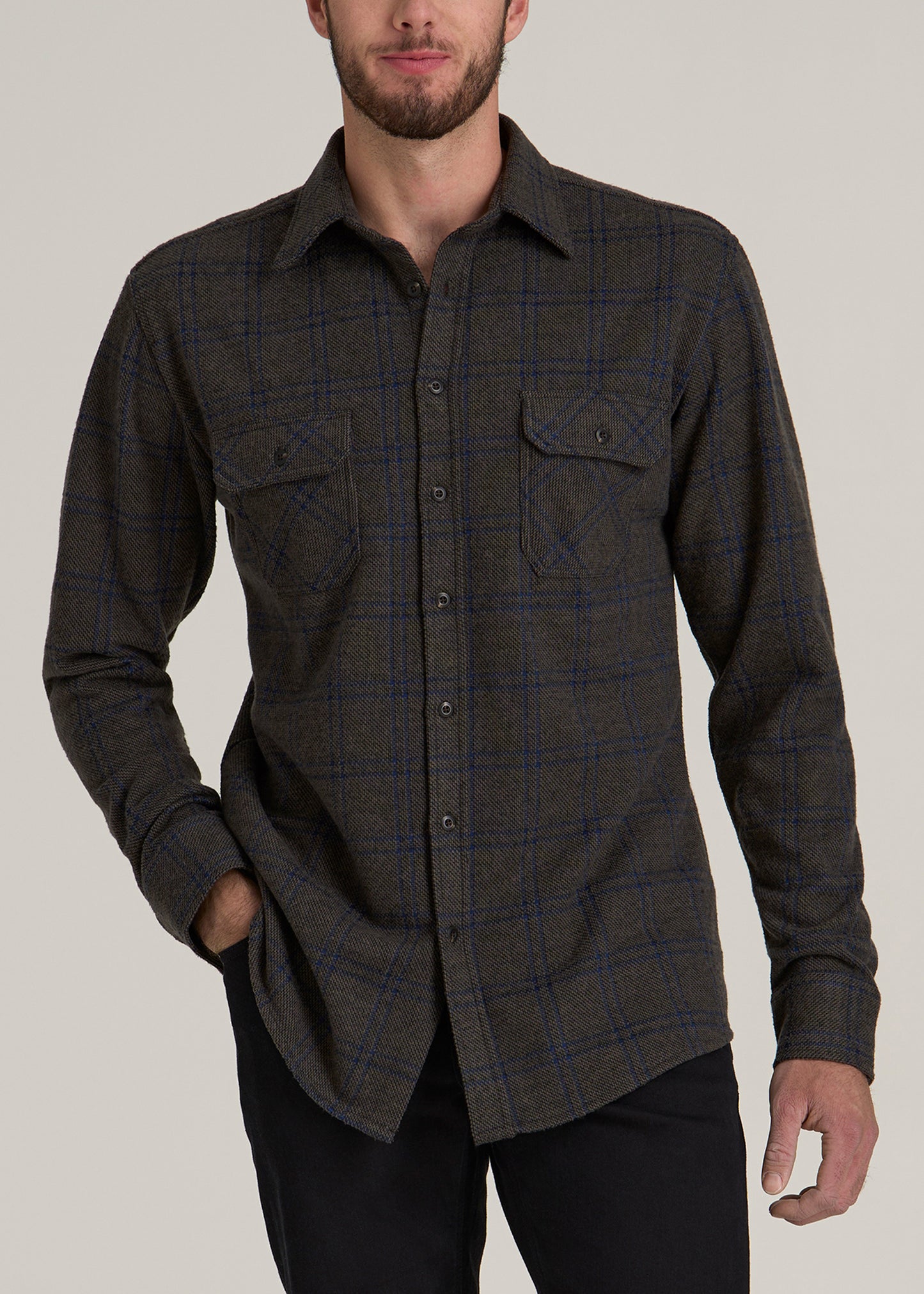 Stretch Flannel Button Tall Men's Shirt in Brown and Cobalt Grid