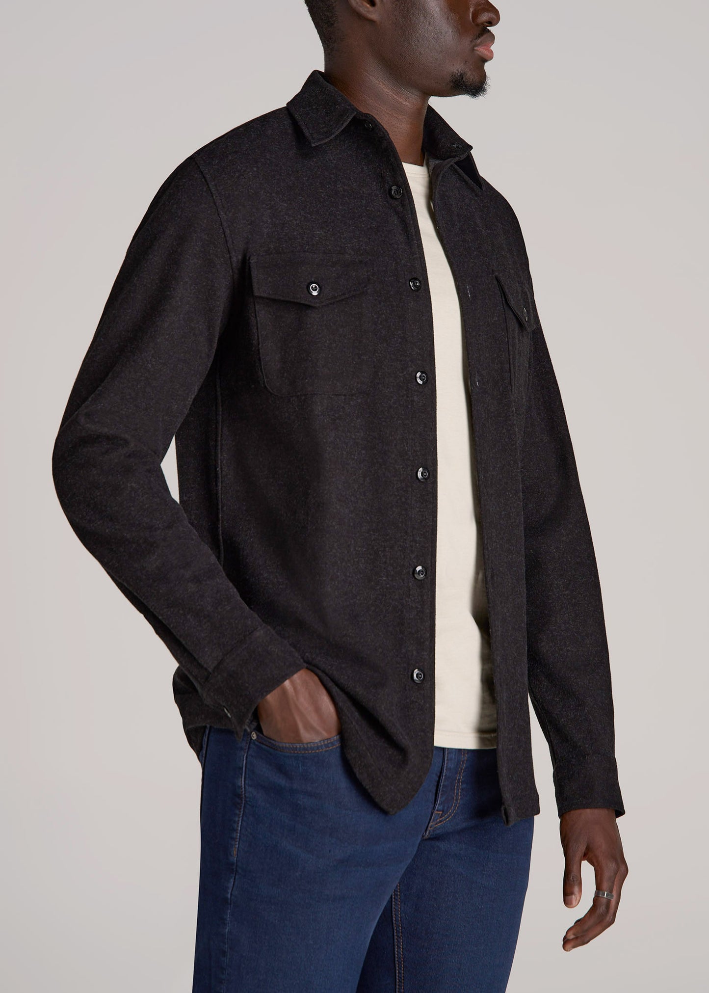 Stretch Knit Overshirt for Tall Men in Black