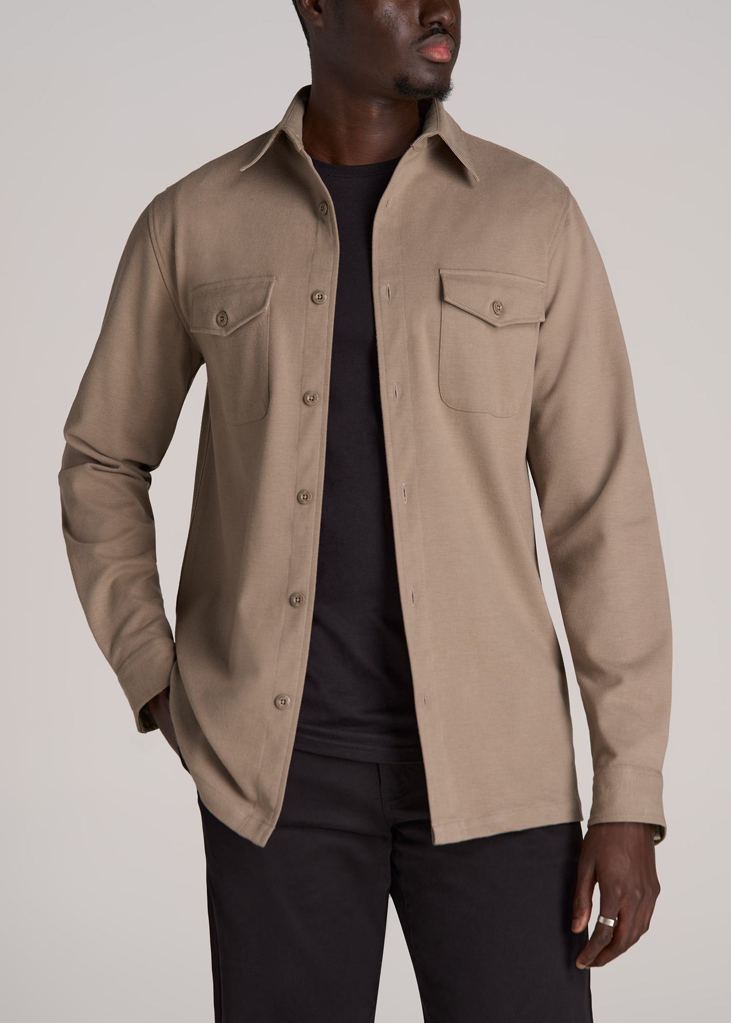 Stretch Knit Overshirt Men's in Dark Sand