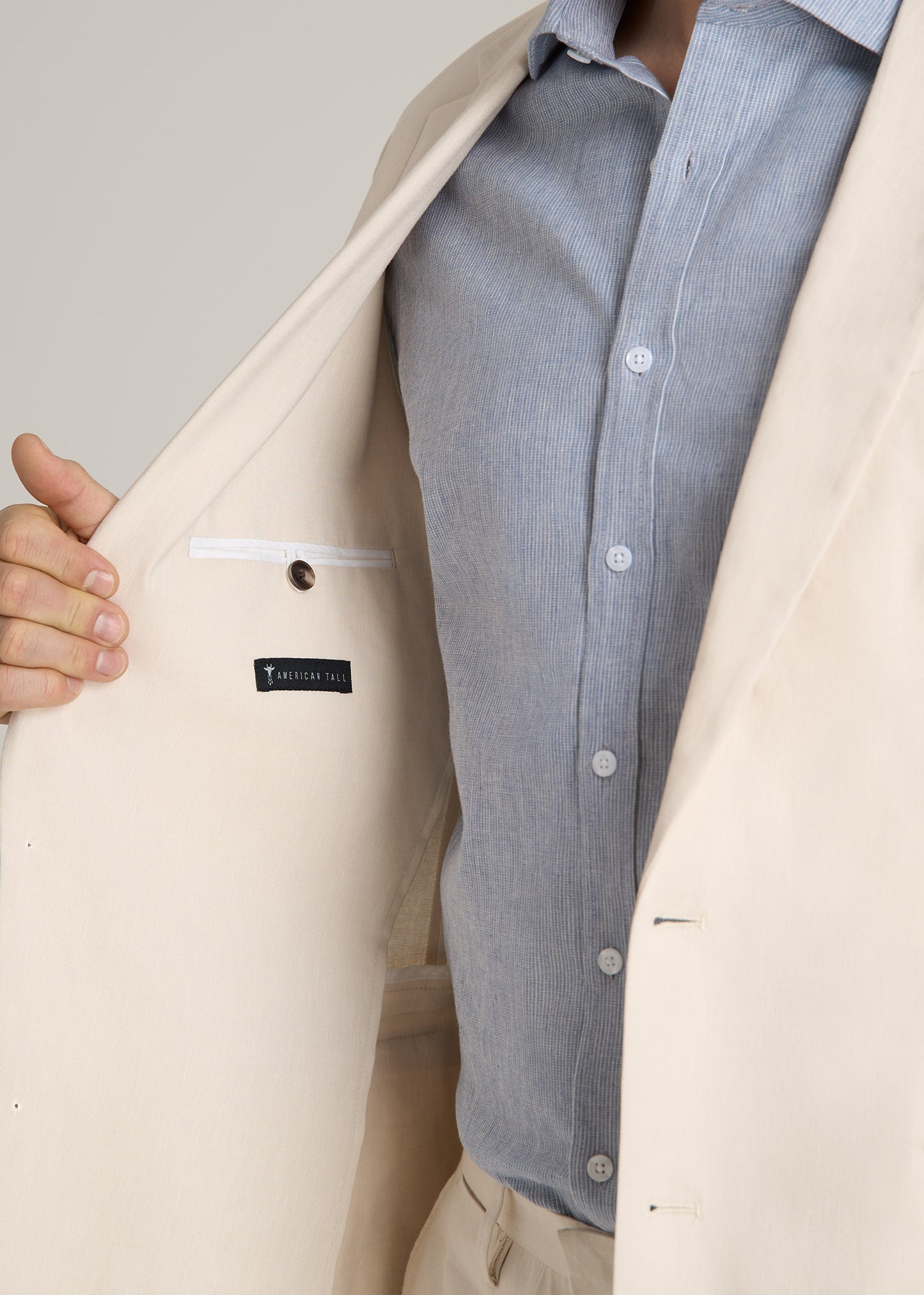 Stretch Linen Blazer for Tall Men in Light Beige Linen