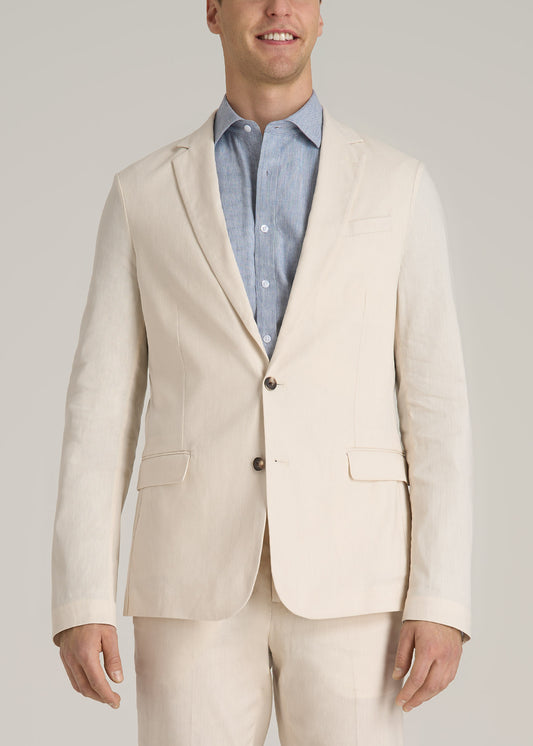 Stretch Linen Blazer for Tall Men in Light Beige Linen