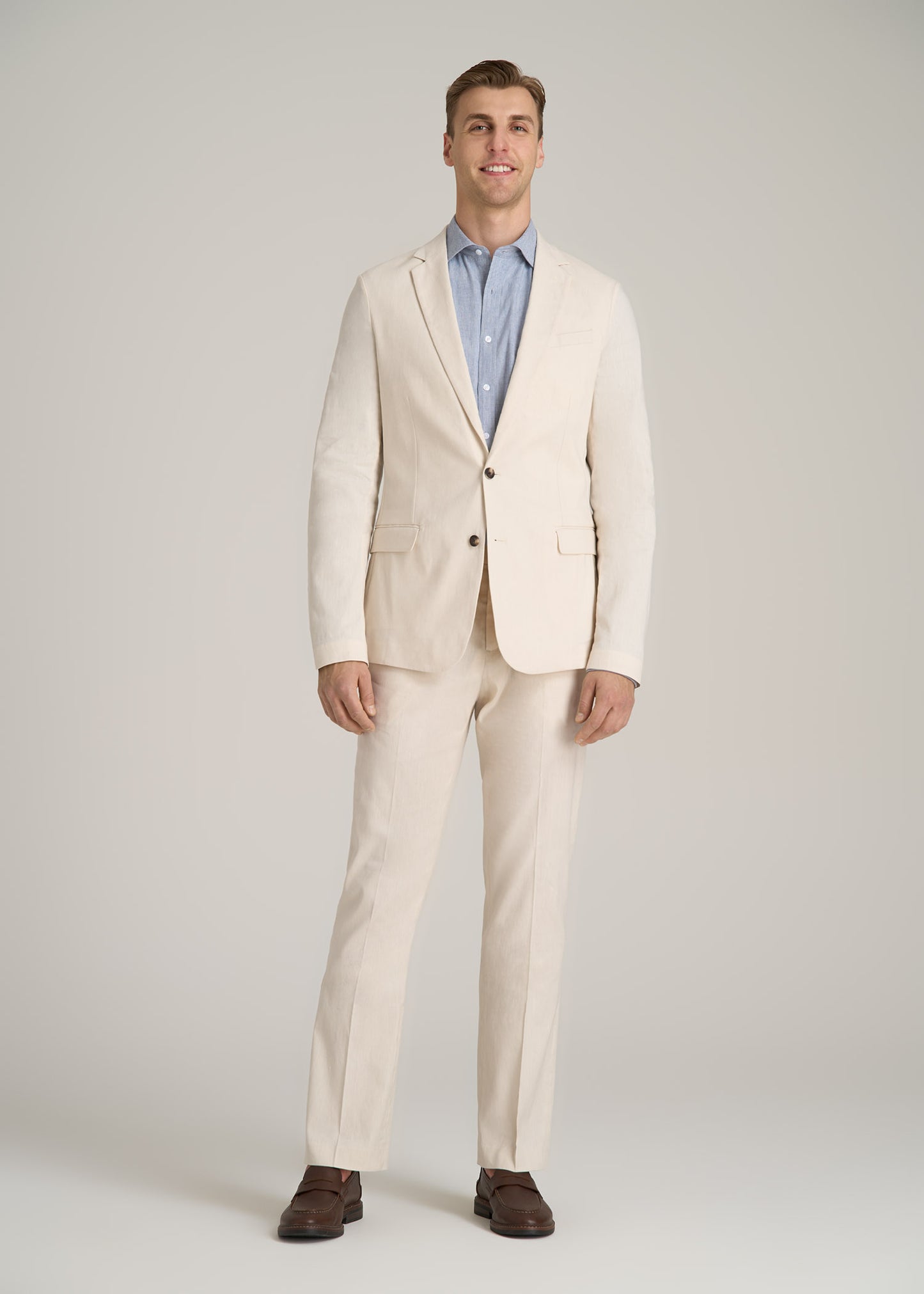 Stretch Linen Blazer for Tall Men in Light Beige Linen