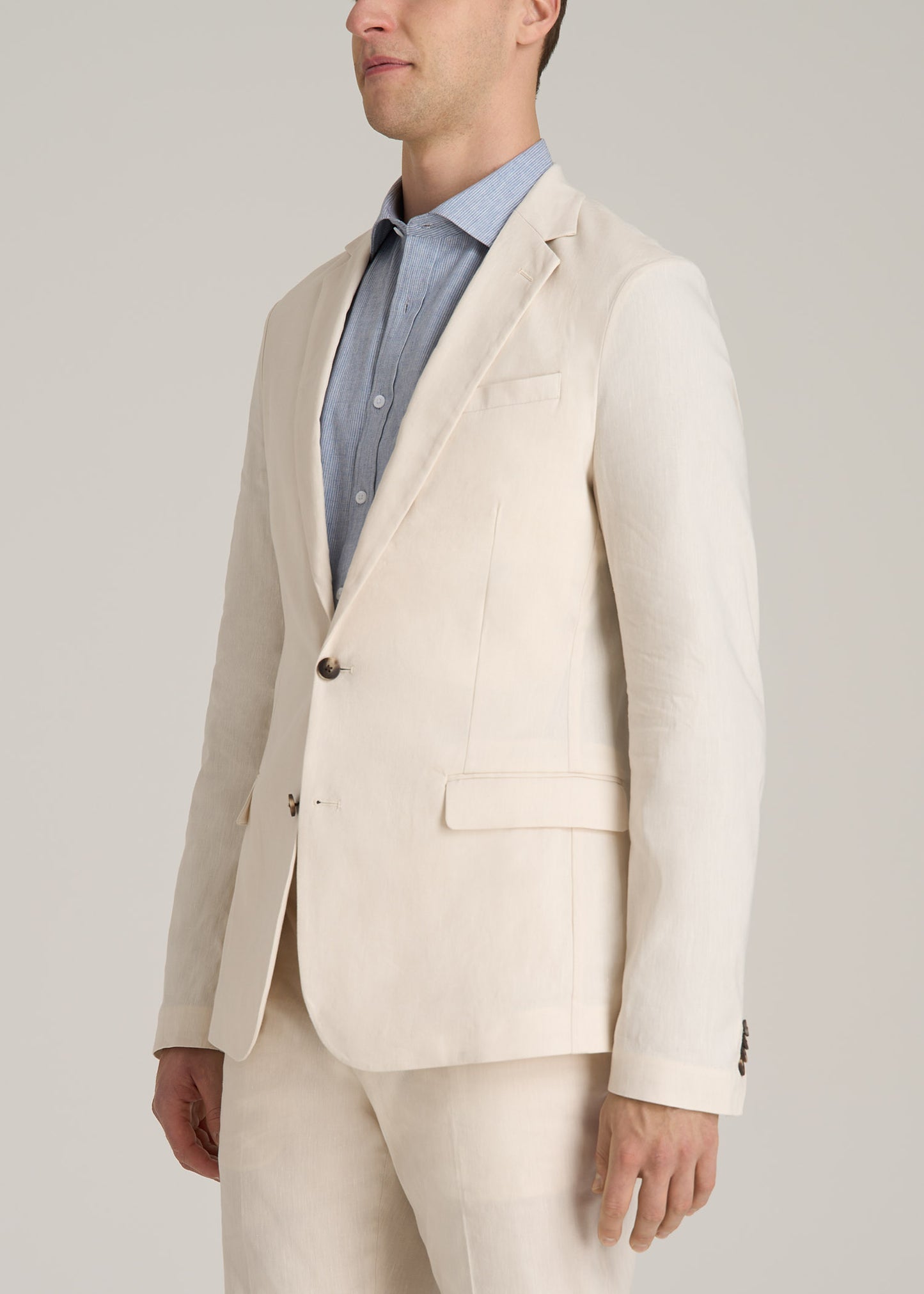 Stretch Linen Blazer for Tall Men in Light Beige Linen