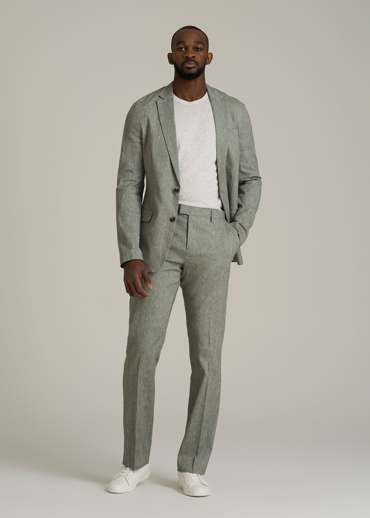 Stretch Linen Dress Pants for Tall Men in Climbing Ivy Linen