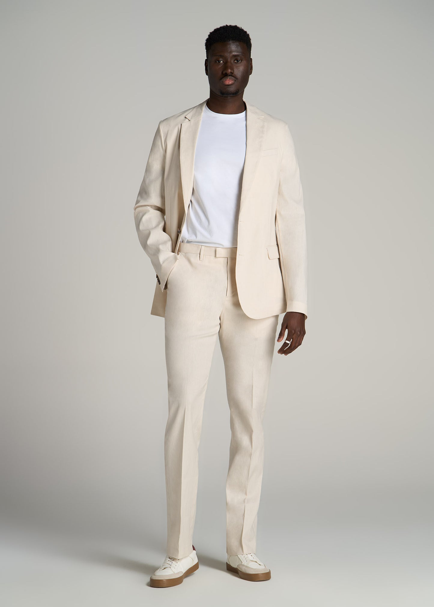 Stretch Linen Dress Pants for Tall Men in Light Beige Linen