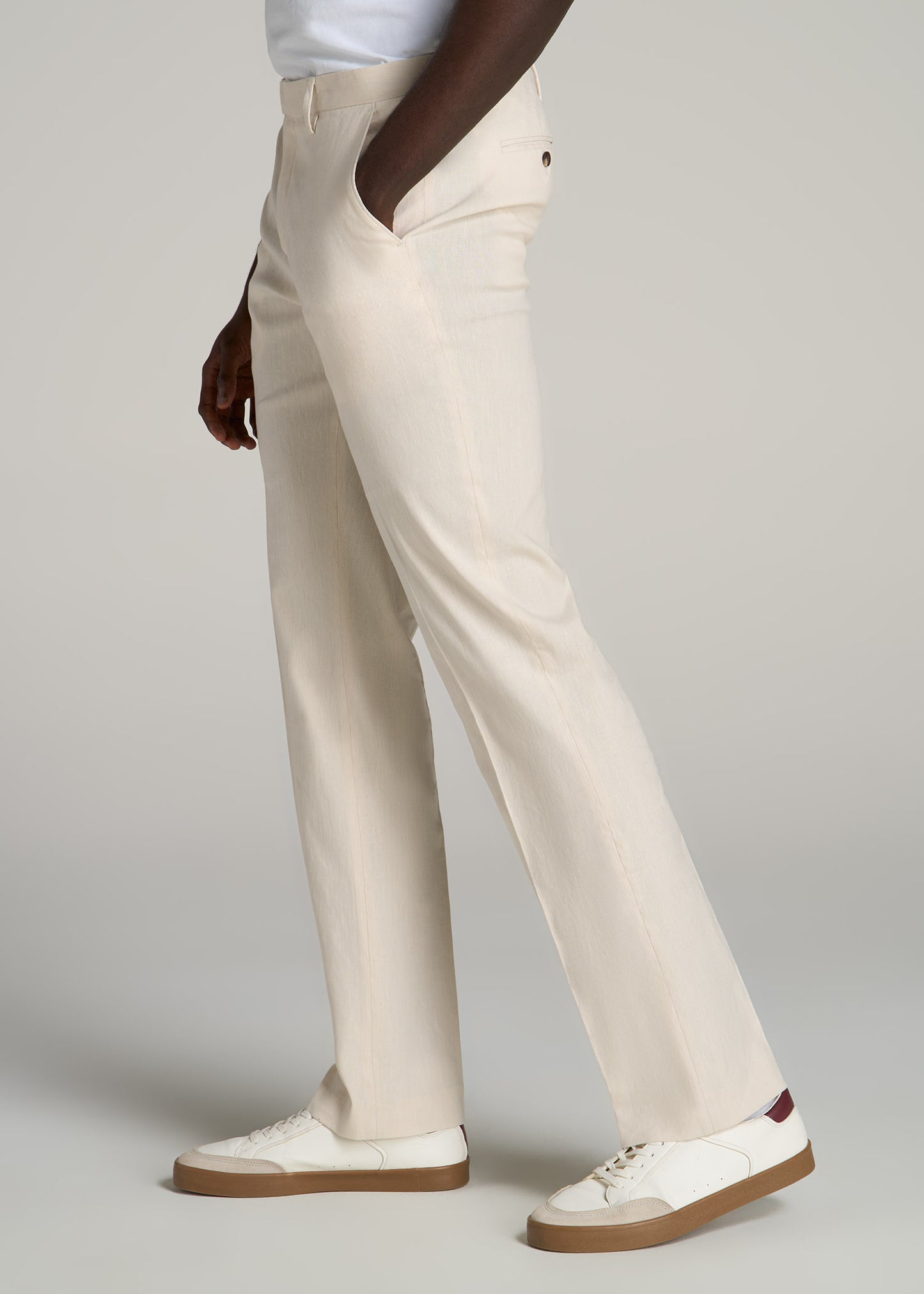 Stretch Linen Dress Pants for Tall Men in Light Beige Linen