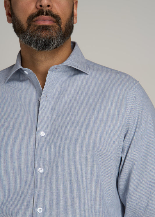 Stretch Linen Dress Shirt for Tall Men in Blue and White Pinstripe