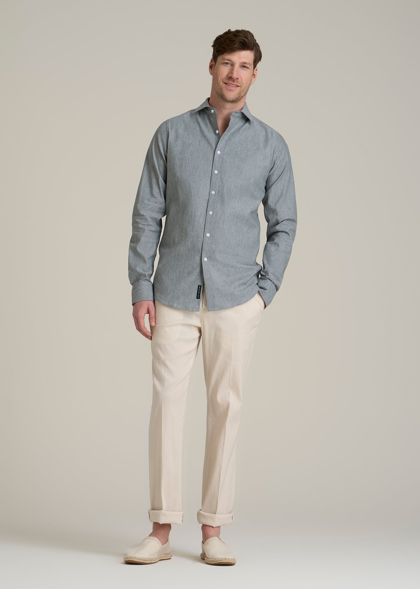 Stretch Linen Dress Shirt for Tall Men in Evergreen Mix