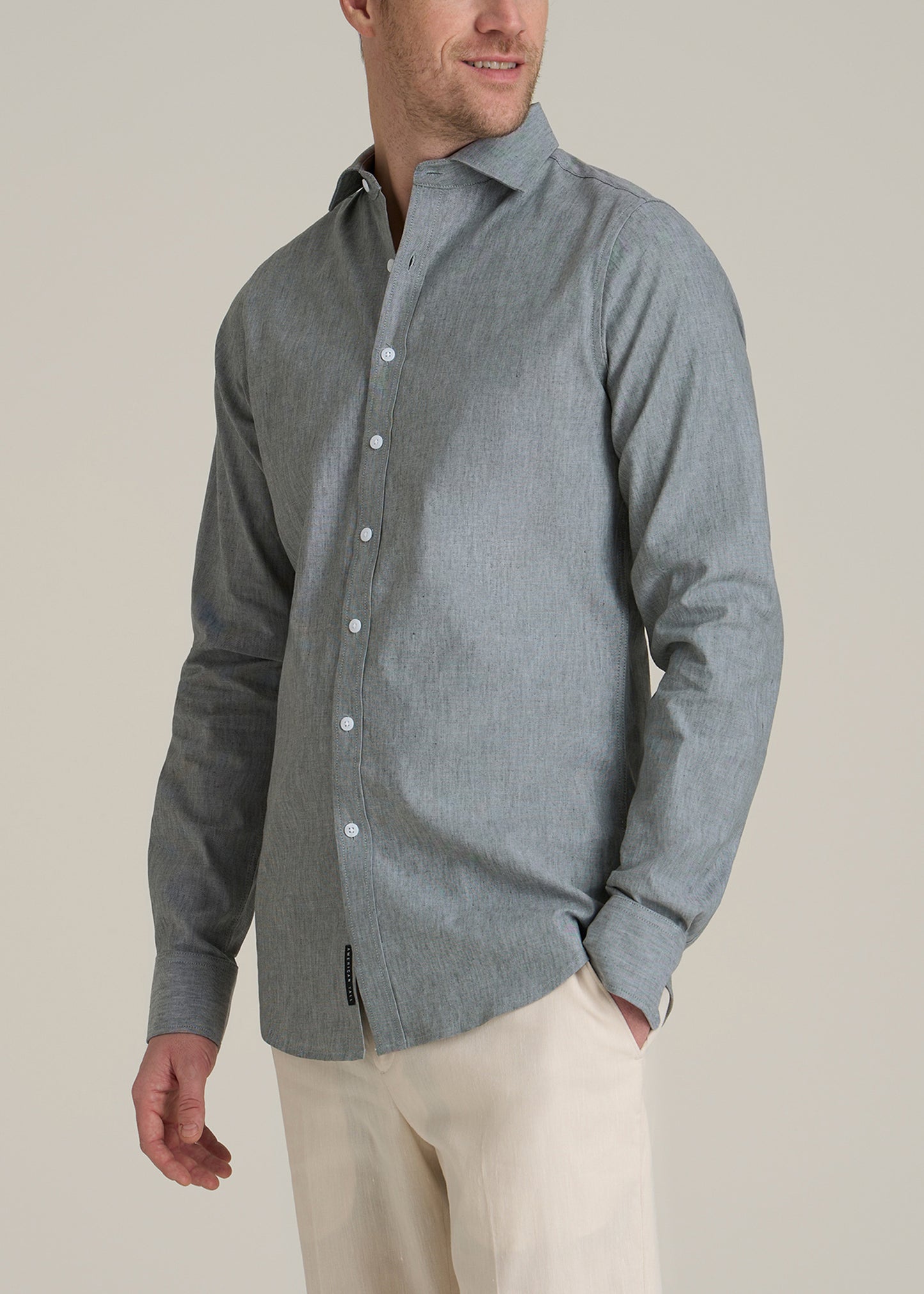 Stretch Linen Dress Shirt for Tall Men in Evergreen Mix