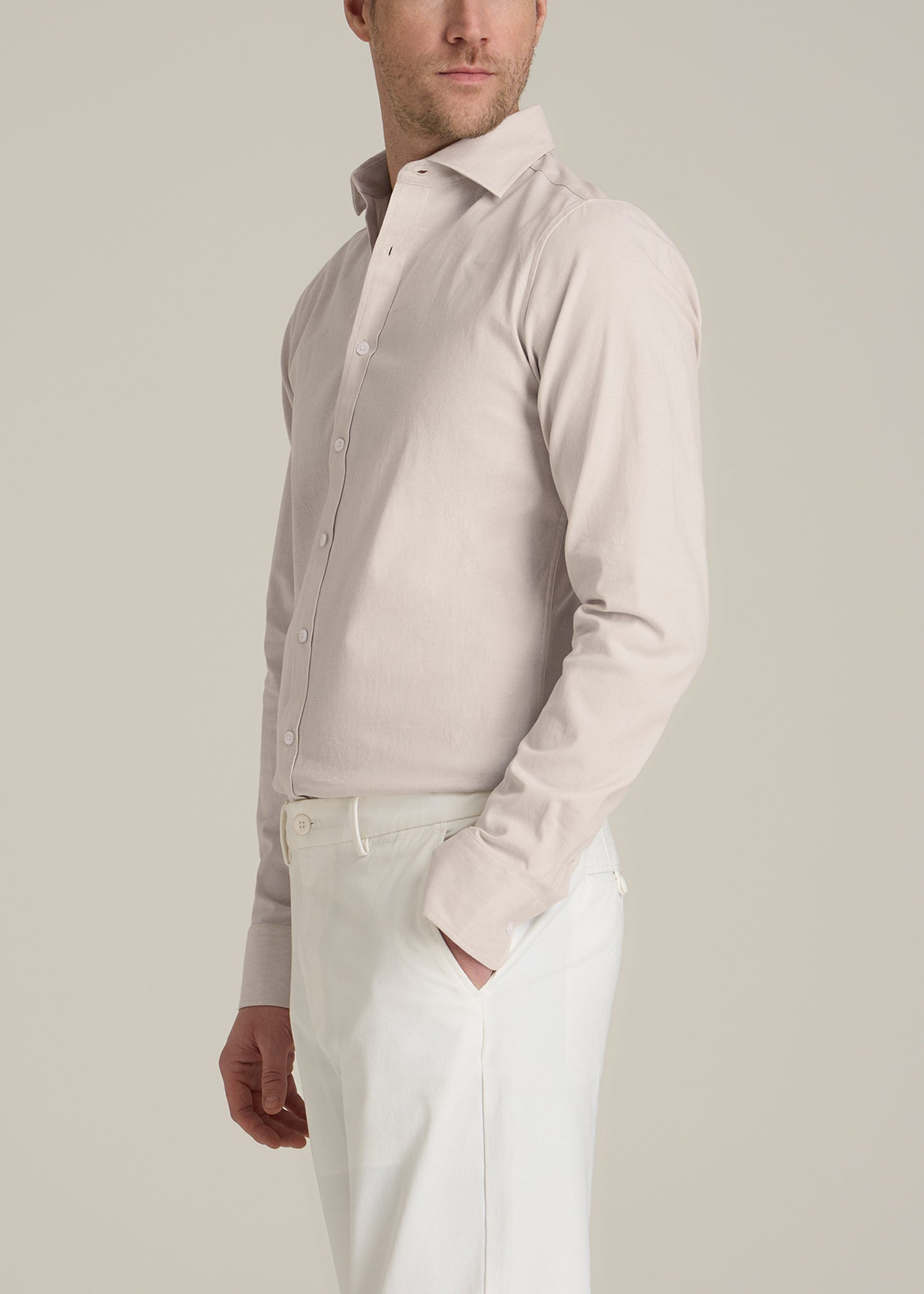 Stretch Linen Dress Shirt for Tall Men in Light Stone Mix