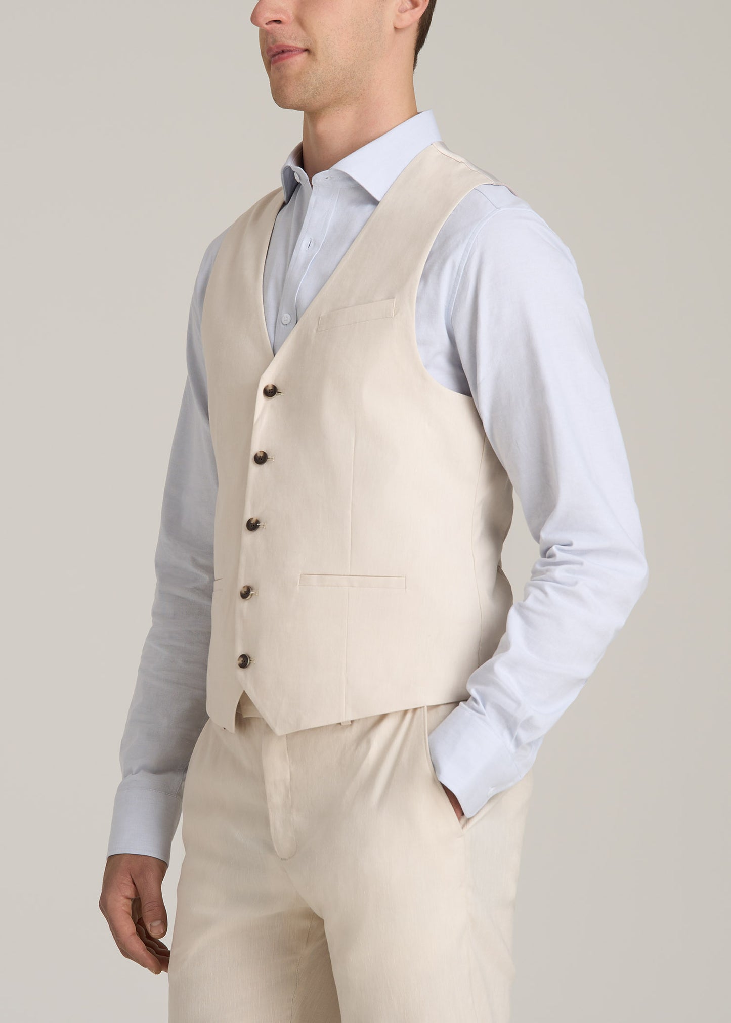 Stretch Linen Suit Vest for Tall Men in Light Beige Linen